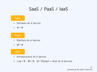 SaaS / PaaS / IaaS
    SaaS

●
     Software As A Service
●
     さーす


    PaaS

●
     Platform As A Service
●
     ぱーす

...