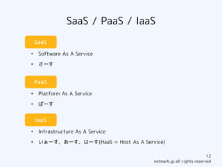 SaaS / PaaS / IaaS
    SaaS

●
     Software As A Service
●
     さーす


    PaaS

●
     Platform As A Service
●
     ぱーす


    IaaS

●
     Infrastructure As A Service
●
     いぁーす、あーす、はーす(HaaS = Host As A Service)

                                                                   12
                                       netmark.jp all rights reserved
 