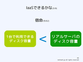 IaaSできるかな(3/9)


           宿命(その2)



1台で利用できる
 ディスク容量     ＜        リアルサーバの
                      ディスク容量



                                                  44
                      netmark.jp all rights reserved
 