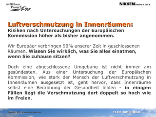 Luftverschmutzung in Innenräumen: Risiken nach Untersuchungen der Europäischen Kommission höher als bisher angenommen. Wir Europäer verbringen 90% unserer Zeit in geschlossenen Räumen.  Wissen Sie wirklich, was Sie alles einatmen, wenn Sie zuhause sitzen?  Doch eine abgeschlossene Umgebung ist nicht immer am gesündesten. Aus einer Untersuchung der Europäischen Kommission, wie stark der Mensch der Luftverschmutzung in Innenräumen ausgesetzt ist, geht hervor, dass Innenräume selbst eine Bedrohung der Gesundheit bilden -  in einigen Fällen liegt die Verschmutzung dort doppelt so hoch wie im Freien .  Quelle: EU  www.europa.eu 