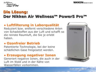 Die Lösung:  Der Nikken Air Wellness™ Power5 Pro™ •  Luftfilterung in Laborqualität Reduziert bzw. entfernt verschiedene Arten von Schadstoffen aus der Luft und schafft so die reinste Raumluft, die Sie je erlebt haben.   •  Ozonfreier Betrieb Patentierte Technologie, bei der keine schädlichen Gase freigesetzt werden. •  Erzeugung negativer Ionen Generiert negative Ionen, die auch in der Luft im Wald und in der Nähe von Wasserfällen vorkommen. 