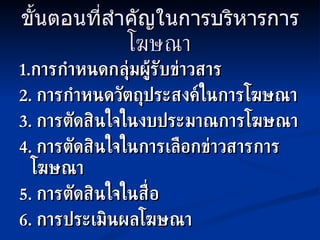 ขั้นตอนที่สำคัญในการบริหารการ โฆษณา 1. การกำหนดกลุ่มผู้รับข่าวสาร 2.  การกำหนดวัตถุประสงค์ในการโฆษณา 3.  การตัดสินใจในงบประมาณการโฆษณา 4.  การตัดสินใจในการเลือกข่าวสารการโฆษณา 5.  การตัดสินใจในสื่อ 6.  การประเมินผลโฆษณา 