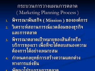 กระบวนการวางแผนการตลาด (  Marketing Planning   Process ) พิจารณาพันธกิจ  (   Mission )   ขององค์การ วิเคราะห์สถานการณ์แวดล้อมของธุรกิจและการตลาด พิจารณาตลาดเป้าหมายของสินค้าหรือบริการของเรา เพื่อที่จะได้ตอบสนองความต้องการได้อย่างเหมาะสม กำหนดกลยุทธ์การสร้างความแตกต่างทางการแข่งขัน พัฒนาโปรแกรมการตลาด 