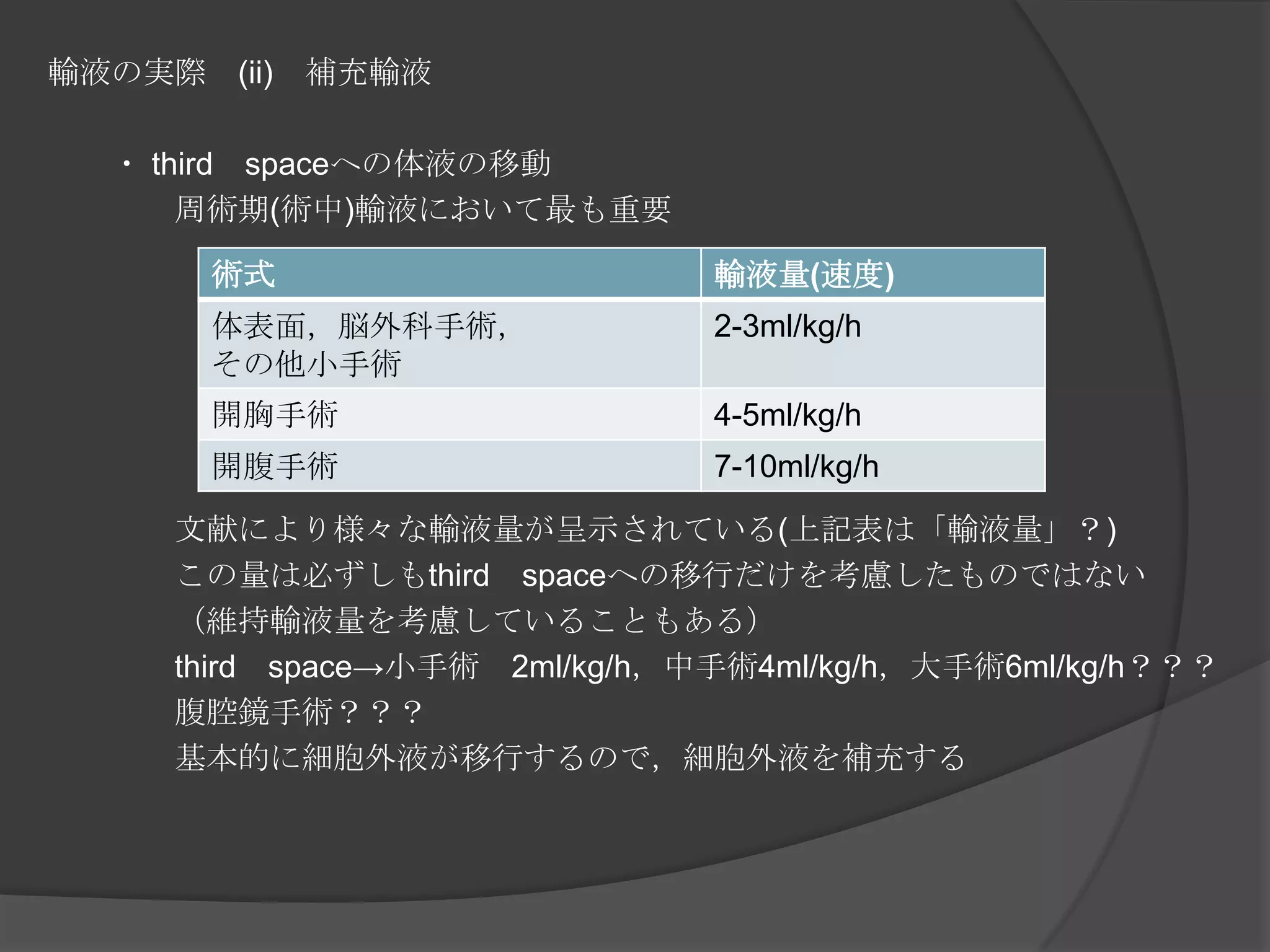 輸液の実際　(ii)　補充輸液　　・ third　spaceへの体液の移動　　　　周術期(術中)輸液において最も重要　　　　文献により様々な輸液量が呈示されている(上記表は「輸液量」？)　　　　この量は必ずしもthird　spaceへの移行だけを考慮したものではない　　　　（維持輸液量を考慮していることもある）　　　　third　space->小手術　2ml/kg/h，中手術4ml/kg/h，大手術6ml/kg/h？？？　　　　腹腔鏡手術？？？　　　　基本的に細胞外液が移行するので，細胞外液を補充する　　