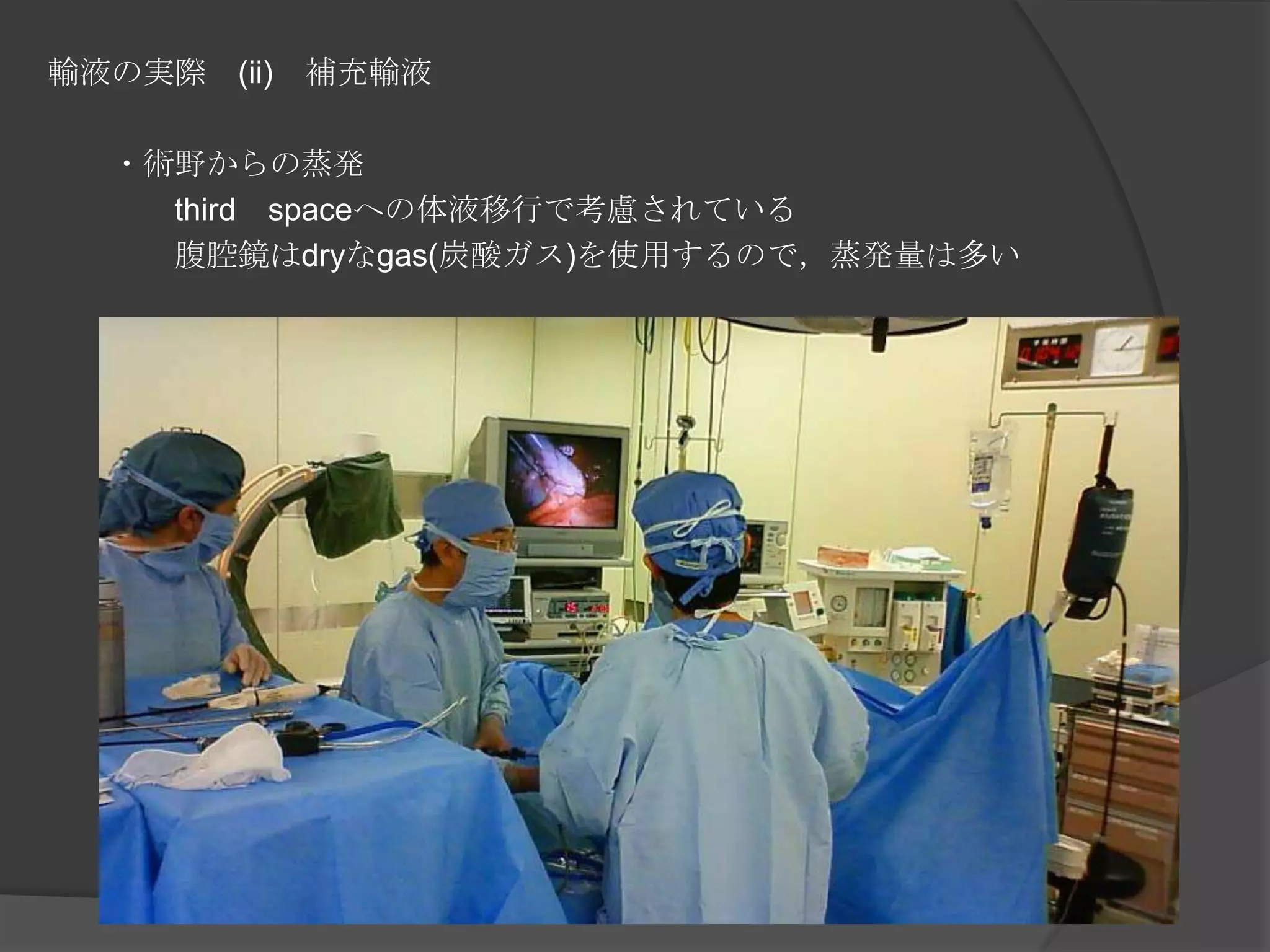 輸液の実際　(ii)　補充輸液　　・術野からの蒸発　　　　third　spaceへの体液移行で考慮されている　　　　腹腔鏡はdryなgas(炭酸ガス)を使用するので，蒸発量は多い