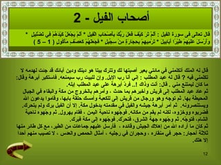 قال له الملك أتكلمني في مائتي بعير أصبتها لك وتترك بيتا هو دينك ودين آبائك قد جئت لهدمه لا  تكلمني فيه   ?  قال له عبد المطلب   :  إني أنا رب الإبل .  وإن للبيت رب سيمنعه .  فاستكبر أبرهة وقال :  ما كان ليمتنع مني   .  قال :  أنت وذاك   !..  فردّ أبرهة على عبد المطلب إبله .   ثم عاد عبد المطلب إلى قريش وأخبرهم بما حدث   ، وأمرهم بالخروج من مكة والبقاء في الجبال  المحيطة بها .  ثم توجه وهو ورجال من قريش إلى للكعبة وأمسك حلقة بابها، وقاموا يدعون الله  ويستنصرونه .  ثم أمر أبرهة جيشه والفيل في مقدمته بدخول مكة .  إلا أن الفيل برك ولم يتحرك .  فضربوه ووخزوه، لكنه لم يقم من مكانه .  فوجّهوه ناحية اليمن   ، فقام يهرول .  ثم وجّهوه ناحية  الشام، فتوجّه .  ثم وجّهوه جهة الشرق، فتحرّك .  فوجّهوه إلى مكة فَبَرَك . ثم كان ما أراده الله من إهلاك الجيش وقائده  ،  فأرسل عليهم جماعات من الطير،  مع كل طائر منها  ثلاثة أحجار :  حجر في منقاره  ،  وحجران في رجليه  ،  أمثال الحمص والعدس  ،  لا تصيب منهم أحدا  إلا هلك . أصحاب  الفيل  - 2 قال تعالى فى سورة الفيل  :  أَلَمْ تَرَ كَيْفَ فَعَلَ رَبُّكَ بِأَصْحَابِ الْفِيلِ   *  أَلَمْ يَجْعَلْ كَيْدَهُمْ فِي تَضْلِيلٍ   *  وَأَرْسَلَ عَلَيْهِمْ طَيْرًا أَبَابِيلَ   *  تَرْمِيهِمْ بِحِجَارَةٍ مِنْ سِجِّيلٍ   *  فَجَعَلَهُمْ كَعَصْفٍ مَأْكُولٍ   ( 1 – 5 ) 