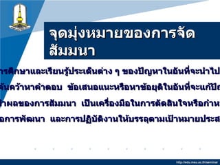 จุดมุ่งหมายของการจัดสัมมนา http://edu.msu.ac.th/seminar 1.   เพื่อการศึกษาและเรียนรู้ประเด็นต่าง ๆ ของปัญหาในอันที่จะนำไปสู่การแก้ปัญหา 2.  เพื่อค้นคว้าหาคำตอบ  ข้อเสนอแนะหรือหาข้อยุติในอันที่จะแก้ปัญหาร่วมกัน 3.   เพื่อนำผลของการสัมมนา  เป็นเครื่องมือในการตัดสินใจหรือกำหนดนโยบาย 4.   เพื่อการพัฒนา  และการปฏิบัติงานให้บรรลุตามเป้าหมายประสงค์ 