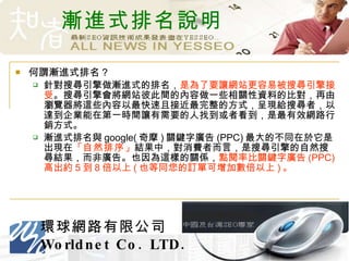 漸進式排名說明 何謂漸進式排名 ? 針對搜尋引擎做漸進式的排名， 是為了要讓網站更容易被搜尋引擎接受 。搜尋引擎會將網站彼此間的內容做一些相關性資料的比對，再由瀏覽器將這些內容以最快速且接近最完整的方式，呈現給搜尋者，以達到企業能在第一時間讓有需要的人找到或者看到，是最有效網路行銷方式。 漸進式排名與 google( 奇摩 ) 關鍵字廣告 (PPC) 最大的不同在於它是出現在 「 自然排序 」 結果中，對消費者而言，是搜尋引擎的自然搜尋結果，而非廣告。也因為這樣的關係， 點閱率比關鍵字廣告 (PPC) 高出約 5 到 8 倍以上 ( 也等同您的訂單可增加數倍以上 ) 。 