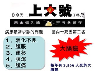 病患最常求診的問題  國內十死因第三名  1 、消化不良 2 、腹脹 3 、便秘 4 、腹瀉 5 、腹痛 大腸癌 每年有 3,500 人死於大腸癌 