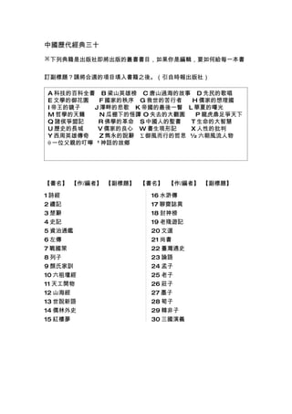 中國歷代經典三十
※下列典籍是出版社即將出版的叢書書目，如果你是編輯，要如何給每一本書


訂副標題？請將合適的項目填入書籍之後。（引自時報出版社）

A 科技的百科全書 B 梁山英雄榜 C 唐山過海的故事 D 先民的歌唱
E 文學的御花園   F 國家的秩序 G 救世的苦行者  H 儒家的想理國
I 帝王的鏡子  J 澤畔的悲歌 K 帝國的最後一瞥 L 華夏的曙光
M 哲學的天籟    N 瓜棚下的怪譚 O 失去的大觀園  P 龍虎鼎足爭天下
Q 諸侯爭盟記    R 佛學的革命 S 中國人的聖書  T 生命的大智慧
U 歷史的長城   V 儒家的良心 W 書生現形記    X 人性的批判
Y 西周英雄傳奇   Z 雋永的說辭 Σ 御風而行的哲思 Ω 六朝風流人物
θ 一位父親的叮嚀 π 神話的故鄉




【書名】 【作/編者】 【副標題】 【書名】 【作/編者】 【副標題】

1 詩經                16 水滸傳
2 禮記                17 聊齋誌異
3 楚辭                18 封神榜
4 史記                19 老殘遊記
5 資治通鑑              20 文選
6 左傳                21 尚書
7 戰國策               22 臺灣通史
8 列子                23 論語
9 顏氏家訓              24 孟子
10 六祖壇經             25 老子
11 天工開物             26 莊子
12 山海經              27 墨子
13 世說新語             28 荀子
14 儒林外史             29 韓非子
15 紅樓夢              30 三國演義
 