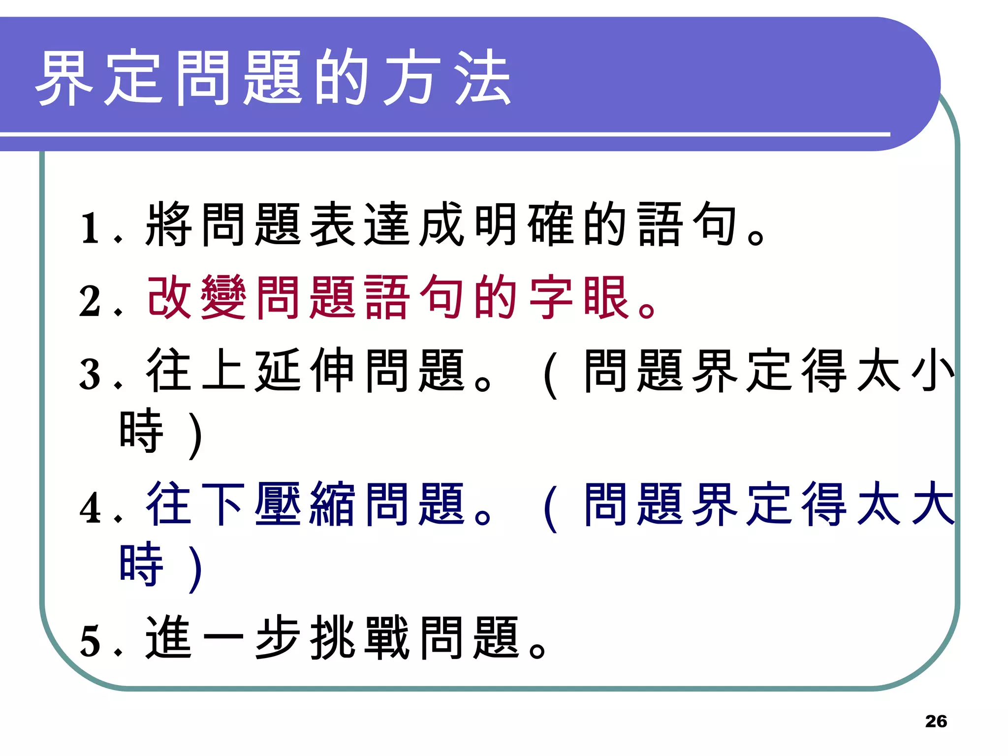 界定問題的方法 1. 將問題表達成明確的語句。  2. 改變問題語句的字眼。   3. 往上延伸問題。（問題界定得太小時）  4. 往下壓縮問題。（問題界定得太大時）   5. 進一步挑戰問題。 