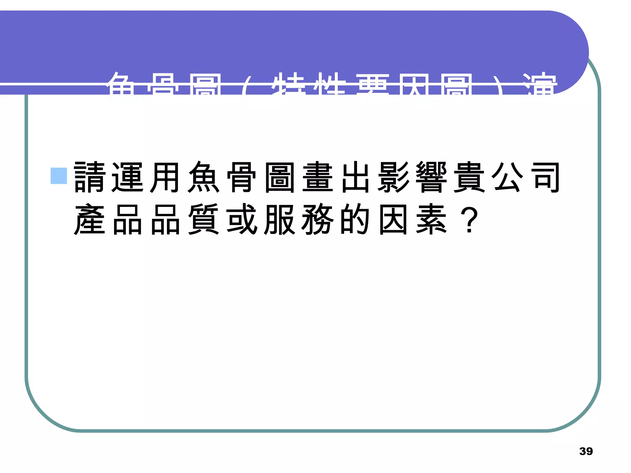 魚骨圖（特性要因圖）演練 請運用魚骨圖畫出影響貴公司產品品質或服務的因素？ 