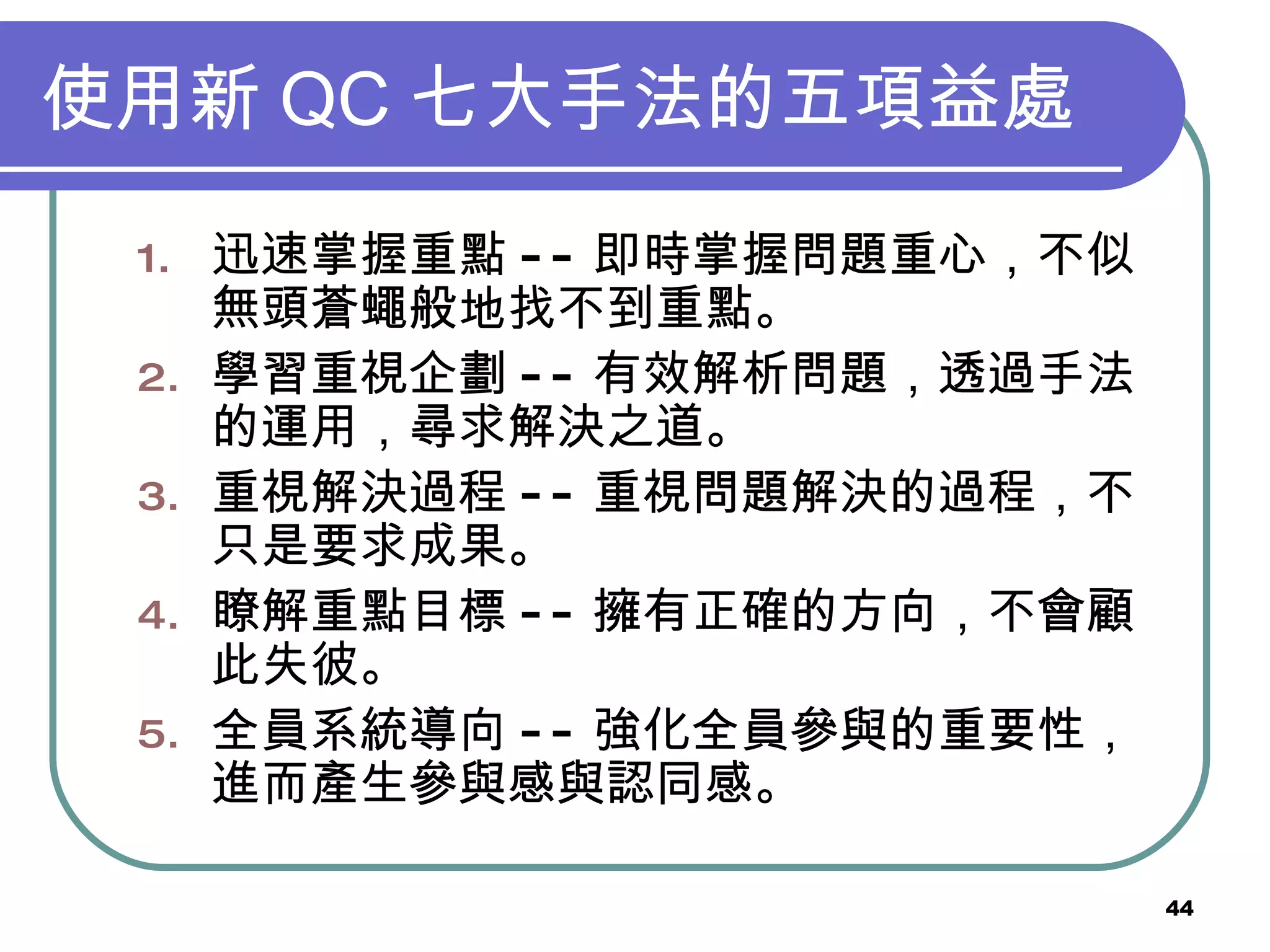 使用新 QC 七大手法的五項益處  迅速掌握重點 -- 即時掌握問題重心，不似無頭蒼蠅般地找不到重點。 學習重視企劃 -- 有效解析問題，透過手法的運用，尋求解決之道。 重視解決過程 -- 重視問題解決的過程，不只是要求成果。 瞭解重點目標 -- 擁有正確的方向，不會顧此失彼。 全員系統導向 -- 強化全員參與的重要性，進而產生參與感與認同感。  
