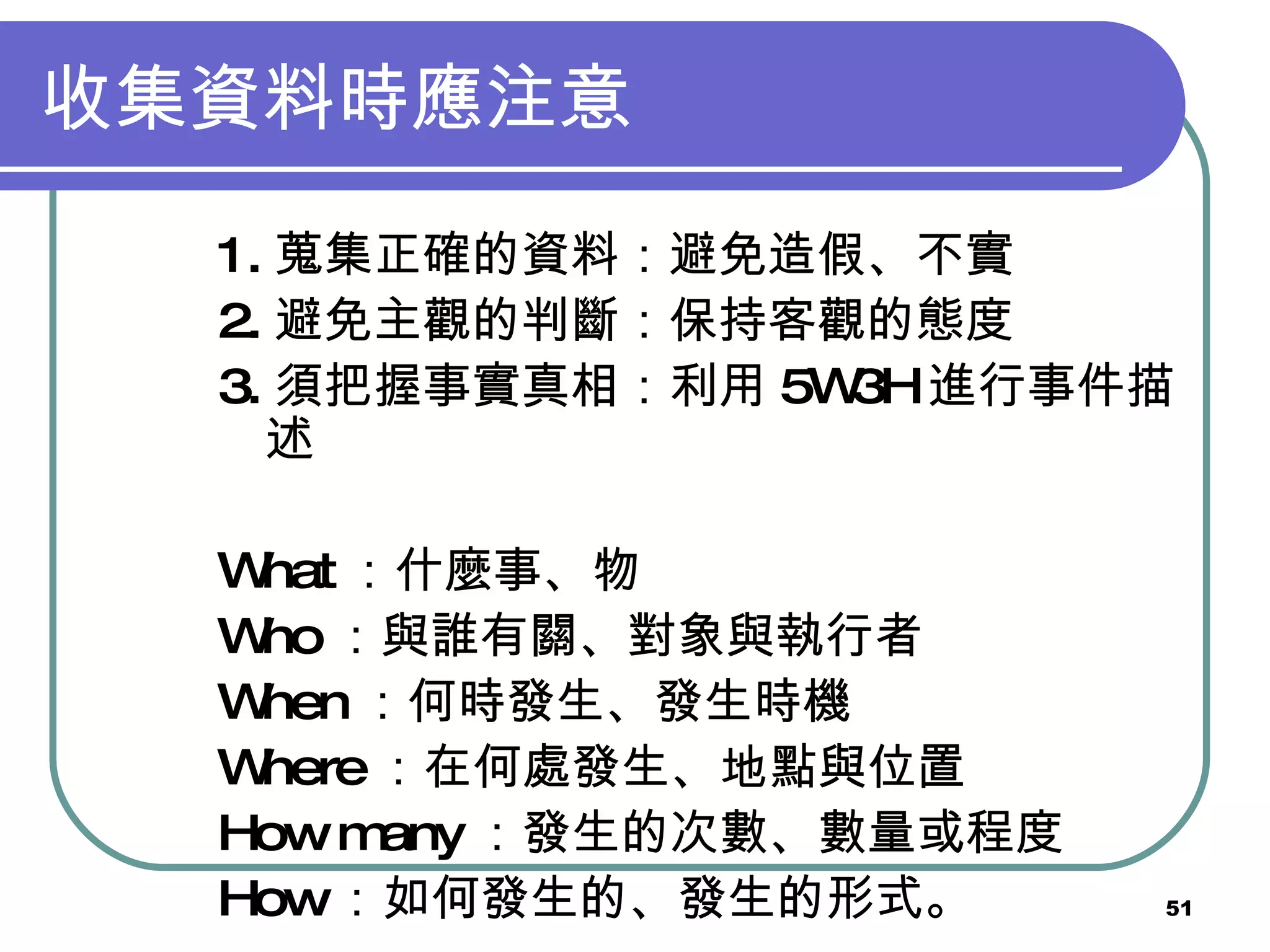 收集資料時應注意 1. 蒐集正確的資料：避免造假、不實 2. 避免主觀的判斷：保持客觀的態度 3. 須把握事實真相：利用 5W3H 進行事件描述 What ：什麼事、物 Who ：與誰有關、對象與執行者 When ：何時發生、發生時機 Where ：在何處發生、地點與位置 How many ：發生的次數、數量或程度 How ：如何發生的、發生的形式。  