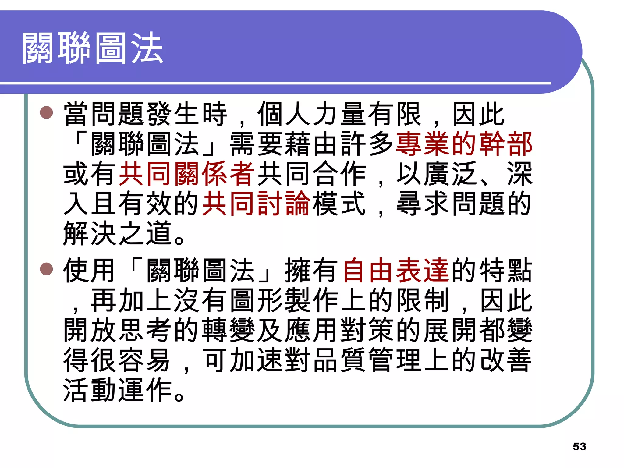 關聯圖法 當問題發生時，個人力量有限，因此「關聯圖法」需要藉由許多 專業的幹部 或有 共同關係者 共同合作，以廣泛、深入且有效的 共同討論 模式，尋求問題的解決之道。 使用「關聯圖法」擁有 自由表達 的特點，再加上沒有圖形製作上的限制，因此開放思考的轉變及應用對策的展開都變得很容易，可加速對品質管理上的改善活動運作。 