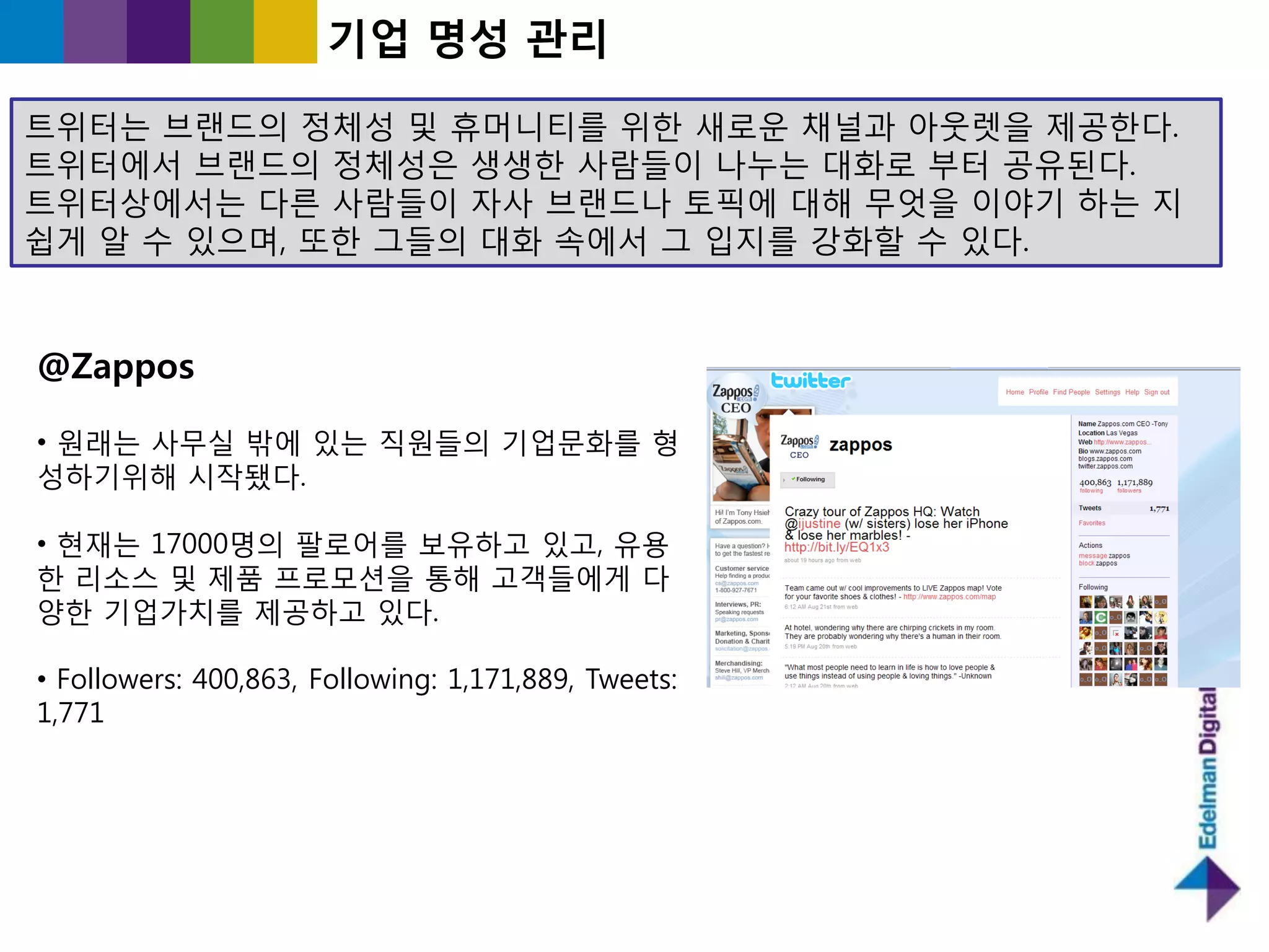 기업 명성 관리

트위터는 브랜드의 정체성 및 휴머니티를 위핚 새로욲 찿널과 아웃렛을 제공핚다.
트위터에서 브랜드의 정체성은 생생핚 사람들이 나누는 대화로 부터 공유된다.
트위터상에서는 다른 사람들이 자사 브랜드나 토픽에 대해 무엇을 이야기 하는 지
쉽게 알 수 있으며, 또핚 그들의 대화 속에서 그 입지를 강화핛 수 있다.



@Zappos

• 원래는 사무실 밖에 있는 직원들의 기업문화를 형
성하기위해 시작됐다.

• 현재는 17000명의 팔로어를 보유하고 있고, 유용
핚 리소스 및 제품 프로모션을 통해 고객들에게 다
양핚 기업가치를 제공하고 있다.

• Followers: 400,863, Following: 1,171,889, Tweets:
1,771
 