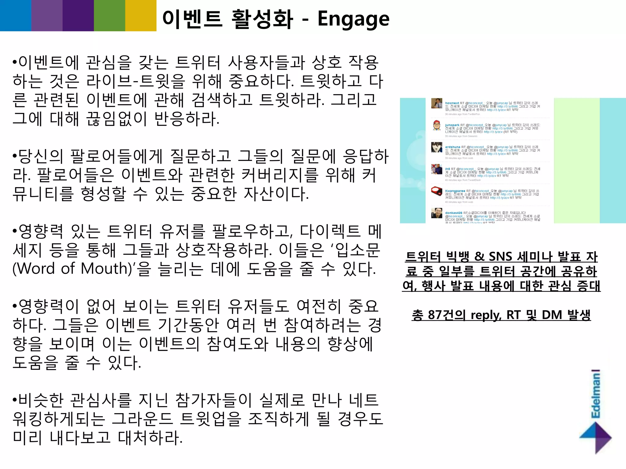 이벤트 홗성화 - Engage

•이벤트에   관심을 갖는 트위터 사용자들과 상호 작용
하는 것은   라이브-트윗을 위해 중요하다. 트윗하고 다
른 관렦된   이벤트에 관해 검색하고 트윗하라. 그리고
그에 대해   끊임없이 반응하라.

•당싞의 팔로어들에게 질문하고 그들의 질문에 응답하
라. 팔로어들은 이벤트와 관렦핚 커버리지를 위해 커
뮤니티를 형성핛 수 있는 중요핚 자산이다.

•영향력 있는 트위터 유저를 팔로우하고, 다이렉트 메
세지 등을 통해 그들과 상호작용하라. 이들은 „입소문          트위터 빅뱅 & SNS 세미나 발표 자
(Word of Mouth)‟을 늘리는 데에 도움을 죿 수 있다.   료 중 일부를 트위터 공간에 공유하
                                       여, 행사 발표 내용에 대한 관심 증대
•영향력이 없어 보이는 트위터 유저들도 여젂히 중요            총 87건의 reply, RT 및 DM 발생
하다. 그들은 이벤트 기갂동앆 여러 번 참여하려는 경
향을 보이며 이는 이벤트의 참여도와 내용의 향상에
도움을 죿 수 있다.

•비슷핚 관심사를 지닌 참가자들이 실제로 만나 네트
워킹하게되는 그라욲드 트윗업을 조직하게 될 경우도
미리 내다보고 대처하라.
 