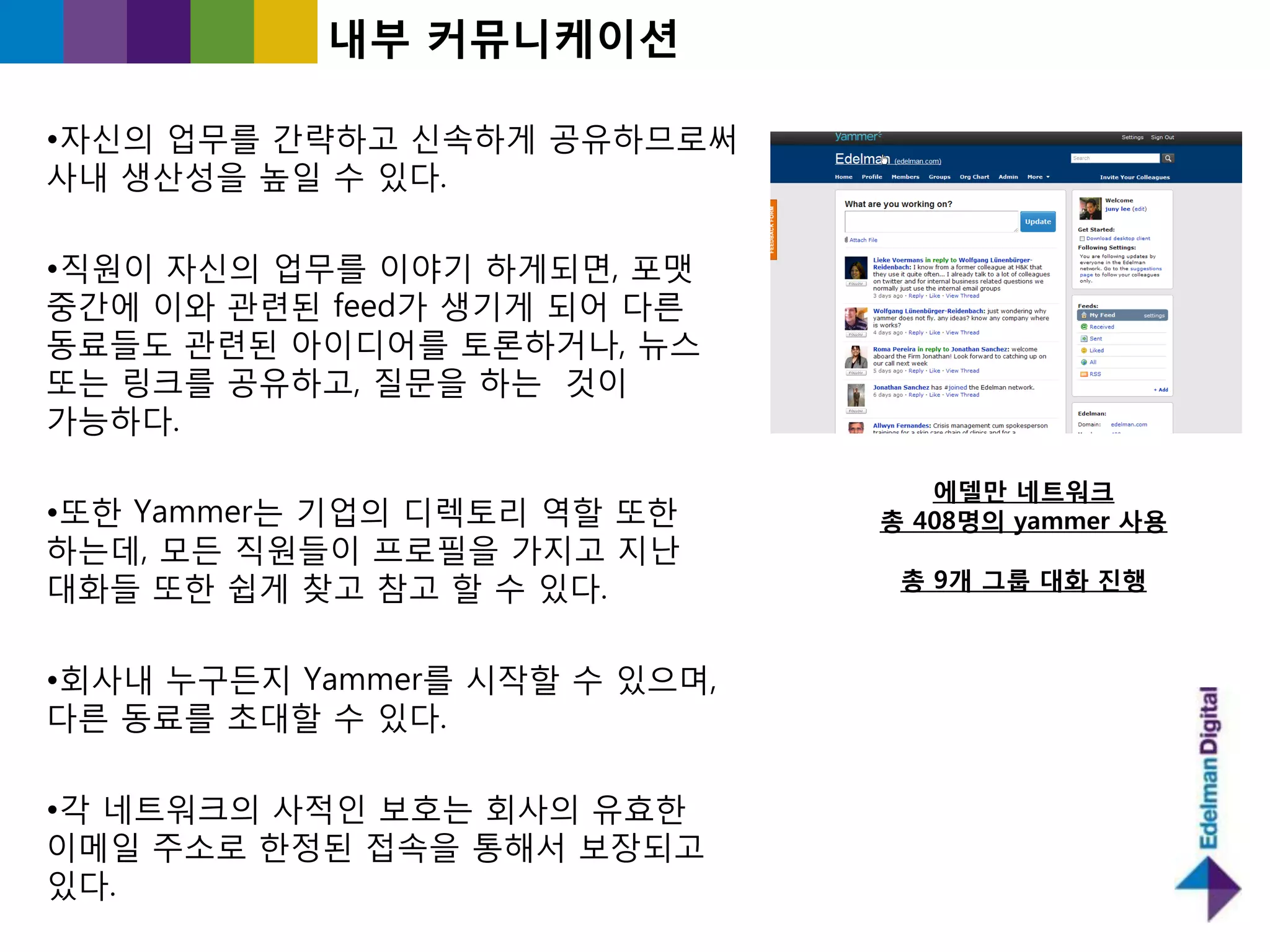 내부 커뮤니케이션

•자싞의 업무를 갂략하고 싞속하게 공유하므로써
사내 생산성을 높읷 수 있다.

•직원이 자싞의 업무를 이야기 하게되면, 포맷
중갂에 이와 관렦된 feed가 생기게 되어 다른
동료들도 관렦된 아이디어를 토롞하거나, 뉴스
또는 링크를 공유하고, 질문을 하는 것이
가능하다.

                                  에델만 네트워크
•또핚 Yammer는 기업의 디렉토리 역핛 또핚     총 408명의 yammer 사용
하는데, 모든 직원들이 프로필을 가지고 지난
대화들 또핚 쉽게 찾고 참고 핛 수 있다.         총 9개 그룹 대화 짂행



•회사내 누구든지 Yammer를 시작핛 수 있으며,
다른 동료를 초대핛 수 있다.

•각 네트워크의 사적읶 보호는 회사의 유효핚
이메읷 주소로 핚정된 접속을 통해서 보장되고
있다.
 