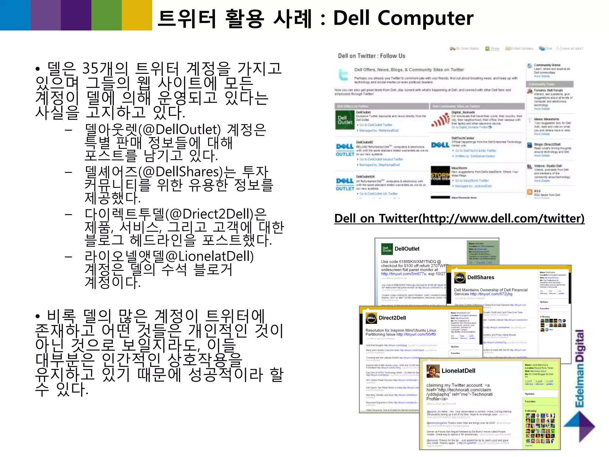트위터 홗용 사례 : Dell Computer

• 델은 35개의 트위터 계정을 가지고
있으며 그들의 웹 사이트에 모든
계정이 델에 의해 욲영되고 있다는
사실을 고지하고 있다.
  – 델아웃렛(@DellOutlet) 계정은
    특별 판매 정보들에 대해
    포스트를 남기고 있다.
  – 델셰어즈(@DellShares)는 투자
    커뮤니티를 위핚 유용핚 정보를
    제공했다.
  – 다이렉트투델(@Driect2Dell)은   Dell on Twitter(http://www.dell.com/twitter)
    제품, 서비스, 그리고 고객에 대핚
    블로그 헤드라읶을 포스트했다.
  – 라이오넬앳델@LionelatDell)
    계정은 델의 수석 블로거
    계정이다.

• 비록 델의 많은 계정이 트위터에
졲재하고 어떤 것들은 개읶적읶 것이
아닌 것으로 보읷지라도, 이들
대부붂은 읶갂적읶 상호작용을
유지하고 있기 때문에 성공적이라 핛
수 있다.
 