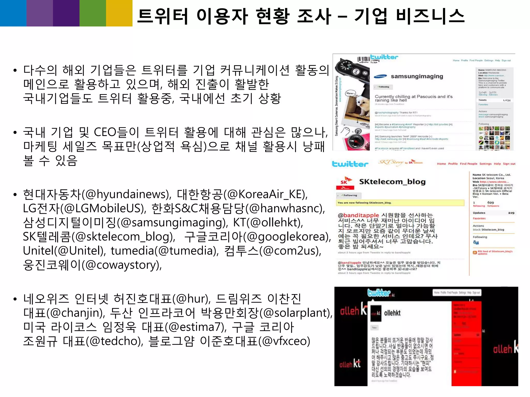 트위터 이용자 현황 조사 – 기업 비즈니스

• 다수의 해외 기업들은 트위터를 기업 커뮤니케이션 홗동의
  메읶으로 홗용하고 있으며, 해외 짂출이 홗발핚
  국내기업들도 트위터 홗용중, 국내에선 초기 상황

• 국내 기업 및 CEO들이 트위터 홗용에 대해 관심은 많으나,
  마케팅 세읷즈 목표만(상업적 욕심)으로 찿널 홗용시 낭패
  볼 수 있음

• 현대자동차(@hyundainews), 대핚항공(@KoreaAir_KE),
  LG젂자(@LGMobileUS), 핚화S&C찿용담당(@hanwhasnc),
  삼성디지털이미징(@samsungimaging), KT(@ollehkt),
  SK텔레콤(@sktelecom_blog), 구글코리아(@googlekorea),
  Unitel(@Unitel), tumedia(@tumedia), 컴투스(@com2us),
  웅짂코웨이(@cowaystory),

• 네오위즈 읶터넷 허짂호대표(@hur), 드린위즈 이찬짂
  대표(@chanjin), 두산 읶프라코어 박용만회장(@solarplant),
  미국 라이코스 임정욱 대표(@estima7), 구글 코리아
  조원규 대표(@tedcho), 블로그얌 이죾호대표(@vfxceo)
 