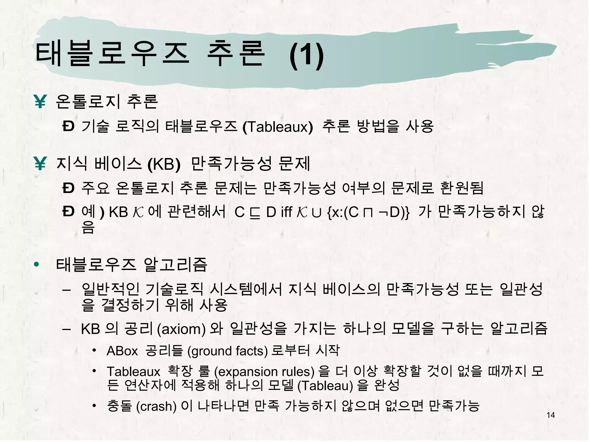 태블로우즈   추론  (1) 온톨로지 추론 기술 로직의 태블로우즈 ( Tableaux )  추론 방법을 사용 지식 베이스 ( KB )  만족가능성 문제 주요 온톨로지 추론 문제는 만족가능성 여부의 문제로 환원됨 예 )   KB  K 에 관련해서  C   v  D iff  K   [  {x:(C  u   : D)}  가 만족가능하지 않음 태블로우즈 알고리즘 일반적인 기술로직 시스템에서 지식 베이스의 만족가능성 또는 일관성을 결정하기 위해 사용 KB 의 공리 (axiom) 와 일관성을 가지는 하나의 모델을 구하는 알고리즘 ABox   공리들 (ground facts) 로부터 시작 Tableaux  확장 룰 (expansion rules) 을 더 이상 확장할 것이 없을 때까지 모든 연산자에 적용해 하나의 모델 (Tableau) 을 완성 충돌 (crash) 이 나타나면 만족 가능하지 않으며 없으면 만족가능 