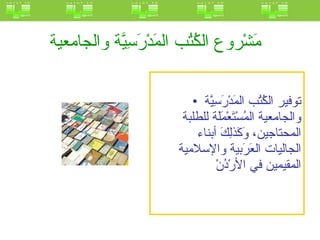 مَشْروع الكُتُب المَدْرَسِيَّة والجامعية   توفير الكُتُب المَدْرَسِيَّة والجامعية المُسْتَعْمَلَة للطلبة المحتاجين، وَكَذلِكَ أبناء الجاليات العَرَبية والإسلامية المقيمين في الأرْدُنْ  