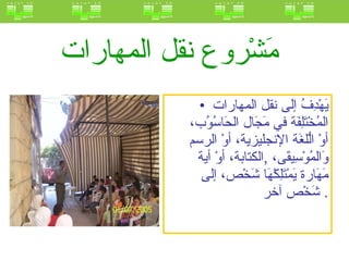 مَشْروع نقل المهارات   يَهْدِفُ إلى نقل المهارات المُخْتَلِفَة في مَجَال الحَاسُوُب، أوْ الُّلغَة الإنجليزية، أوْ الرسم وَالمُوْسِيقَى،  , الكتابة، أوْ أية مَهَارة يَمْتَلِكْهَا شَخْص، إلى شَخْص آخر .  