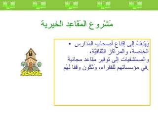 مَشْروع المَقَاعِد الخيرية   يَهْدِفُ إلى إقناع أصحاب المَدَارِس الخاصة، والمراكز الثَّقافِيَّة، والمستشفيات إلى توفير مقاعد مجانية في مؤسساتهم للفقراء، وَتَكُون وقفا لَهُم .  