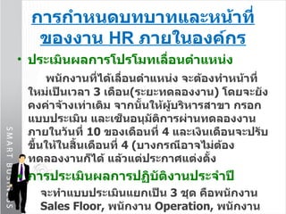 การกำหนดบทบาทและหน้าที่ของงาน  HR  ภายในองค์กร ประเมินผลการโปรโมทเลื่อนตำแหน่ง พนักงานที่ได้เลื่อนตำแหน่ง จะต้องทำหน้าที่ใหม่เป็นเวลา  3   เดือน ( ระยะทดลองงาน )  โดยจะยังคงค่าจ้างเท่าเดิม จากนั้นให้ผู้บริหารสาขา กรอกแบบประเมิน และเซ็นอนุมัติการผ่านทดลองงานภายในวันที่  10   ของเดือนที่  4   และเงินเดือนจะปรับขึ้นให้ในสิ้นเดือนที่  4 ( บางกรณีอาจไม่ต้องทดลองงานก็ได้ แล้วแต่ประกาศแต่งตั้ง การประเมินผลการปฏิบัติงานประจำปี จะทำแบบประเมินแยกเป็น  3   ชุด คือพนักงาน  Sales Floor,   พนักงาน  Operation,  พนักงาน   Cashier  