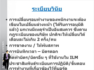ระเบียบวินัย การเปลี่ยนรอบทำงานของพนักงานจะต้องเขียนใบเปลี่ยนล่วงหน้า  ( ได้รับการอนุมัติแล้ว )  ยกเวนมีเหตุจำเป็นอันสมควร ซึ่งตามกฎระเบียบของบริษัท ปกติจะให้เปลี่ยนได้เดือนละไม่เกิน  2   ครั้ง / คน การขาดงาน  /  ให้พ้นสภาพ การบันทึกเวลา  –  บัตรตอก จัดทำบัตร / บัตรอื่น ๆ ที่ใช้งานใน  ILM ประชาสัมพันธ์ระเบียบการปฏิบัติ / ขั้นตอนการทำงานที่เกี่ยวข้องไว้ที่บอร์ด  