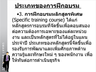 ประเภทของการฝึกอบรม  3.  การฝึกอบรมหลักสูตรพิเศษ  (Specific training course)  ได้แก่ หลักสูตรการอบรมที่จัดขึ้นเพื่อตอบสนองต่อความต้องการเฉพาะของแต่ละหน่วยงาน และเป็นหลักสูตรที่ไม่ได้อยู่ในแผนประจำปี ประเภทของหลักสูตรนี้จัดขึ้นเพื่อรองรับการพัฒนาและเพิ่มศักยภาพด้านความรู้และทักษะใหม่ ๆ ของพนักงาน เพื่อให้ทันต่อการดำเนินธุรกิจ  