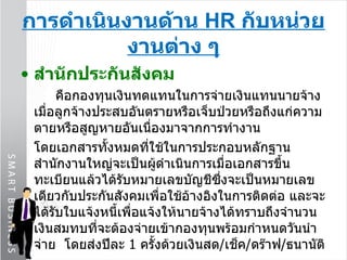การดำเนินงานด้าน  HR  กับหน่วยงานต่าง ๆ สำนักประกันสังคม คือกองทุนเงินทดแทนในการจ่ายเงินแทนนายจ้าง เมื่อลูกจ้างประสบอันตรายหรือเจ็บป่วยหรือถึงแก่ความตายหรือสูญหายอันเนื่องมาจากการทำงาน โดยเอกสารทั้งหมดที่ใช้ในการประกอบหลักฐานสำนักงานใหญ่จะเป็นผู้ดำเนินการเมื่อเอกสารขึ้นทะเบียนแล้วได้รับหมายเลขบัญชีซึ่งจะเป็นหมายเลขเดียวกับประกันสังคมเพื่อใช้อ้างอิงในการติดต่อ และจะได้รับใบแจ้งหนี้เพื่อแจ้งให้นายจ้างได้ทราบถึงจำนวนเงินสมทบที่จะต้องจ่ายเข้ากองทุนพร้อมกำหนดวันนำจ่าย  โดยส่งปีละ  1  ครั้งด้วยเงินสด / เช็ค / ดร๊าฟ / ธนานัติ 