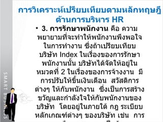 การวิเคราะห์เปรียบเทียบตามหลักทฤษฎีด้านการบริหาร  HR 3.  การรักษาพนักงาน  คือ ความพยายามที่จะทำให้พนักงานพึงพอใจในการทำงาน ซึ่งถ้าเปรียบเทียบบริษัท  Index   ในเรื่องของการรักษาพนักงานนั้น บริษัทได้จัดให้อยู่ในหมวดที่  2  ในเรื่องของการจ้างงาน  มีการปรับให้ขึ้นเงินเดือน  สวัสดิการ ต่างๆ ให้กับพนักงาน  ซึ่งเป็นการสร้างขวัญและกำลังใจให้กับพนักงานของบริษัท  โดยอยู่ในภายใต้ กฎ ระเบียบ หลักเกณฑ์ต่างๆ ของบริษัท เช่น  การลาป่วย ลาคลอด เป็นต้น  