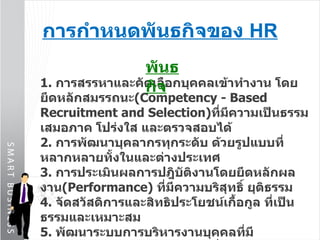 การกำหนดพันธกิจของ  HR 1.   การสรรหาและคัดเลือกบุคคลเข้าทำงาน โดยยึดหลักสมรรถนะ ( Competency - Based Recruitment and Selection) ที่มีความเป็นธรรม เสมอภาค โปร่งใส และตรวจสอบได้ 2.  การพัฒนาบุคลากรทุกระดับ ด้วยรูปแบบที่หลากหลายทั้งในและต่างประเทศ 3.  การประเมินผลการปฎิบัติงานโดยยึดหลักผลงาน ( Performance)  ที่มีความบริสุทธิ์ ยุติธรรม  4.  จัดสวัสดิการและสิทธิประโยชน์เกื้อกูล ที่เป็นธรรมและเหมาะสม 5.  พัฒนาระบบการบริหารงานบุคคลที่มีประสิทธิภาพ โดยนำเทคโนโลยีที่ทันสมัยมาใช้ในการบริหารจัดการ พันธกิจ 