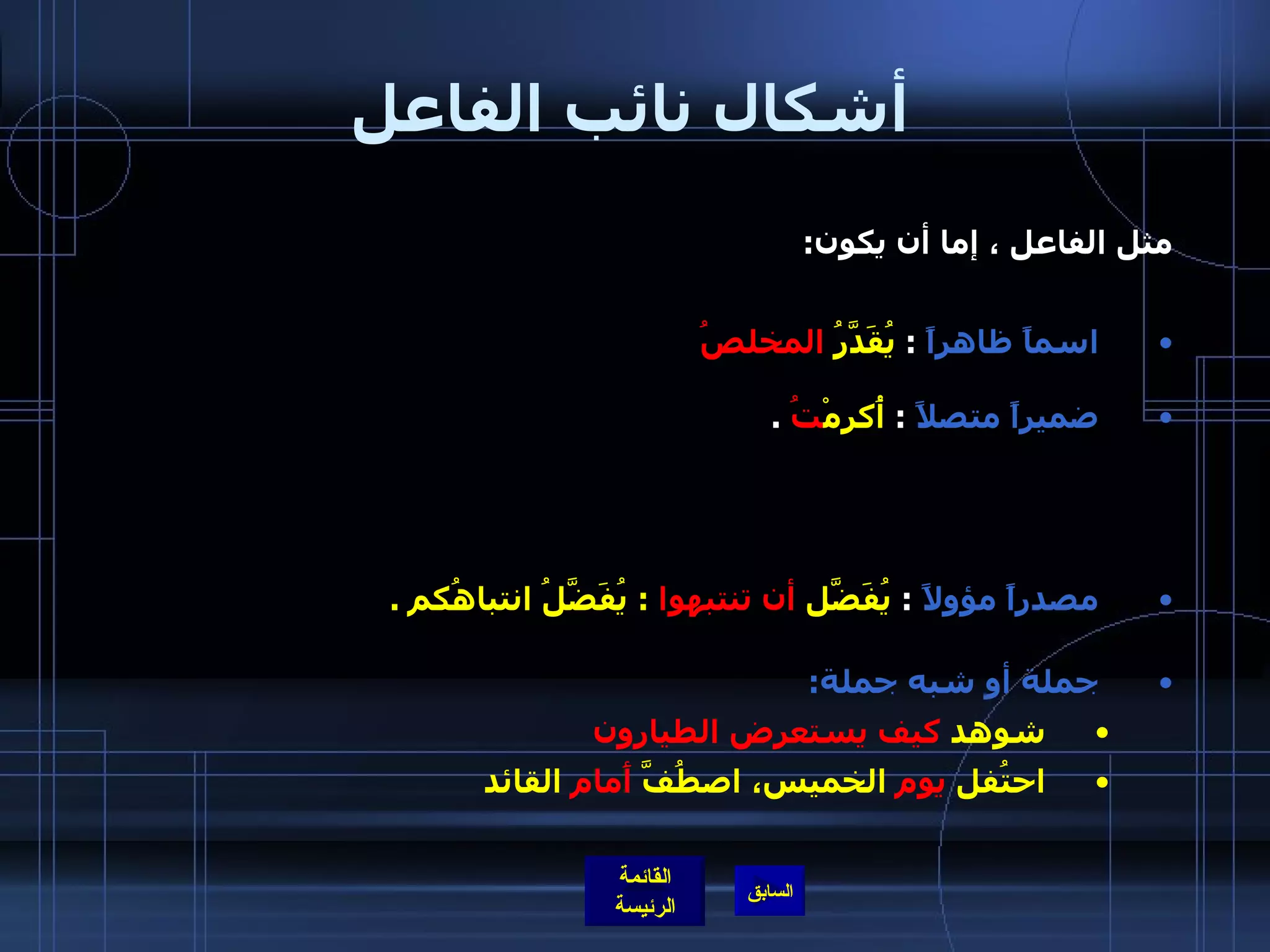 أشكال نائب الفاعل مثل الفاعل ، إما أن يكون :  اسماً ظاهراً   :  يُقَدَّرُ  المخلصُ   ضميراً متصلاً   :  أُكرِمْ تُ  .    أو منفصلاً   :  ما يُستثنى إلا  أنا   .     أو مستتراً   :  خالد يشكُرُ ، وهيا تُشْكَرُ  مصدراً مؤولاً   :  يُفَضَّل  أن تنتبهوا   :  يُفَضَّلُ انتباهُكم  . جملة أو شبه جملة : شوهد  كيف يستعرض الطيارون احتُفل  يوم  الخميس، اصطُفَّ  أَمام  القائد 