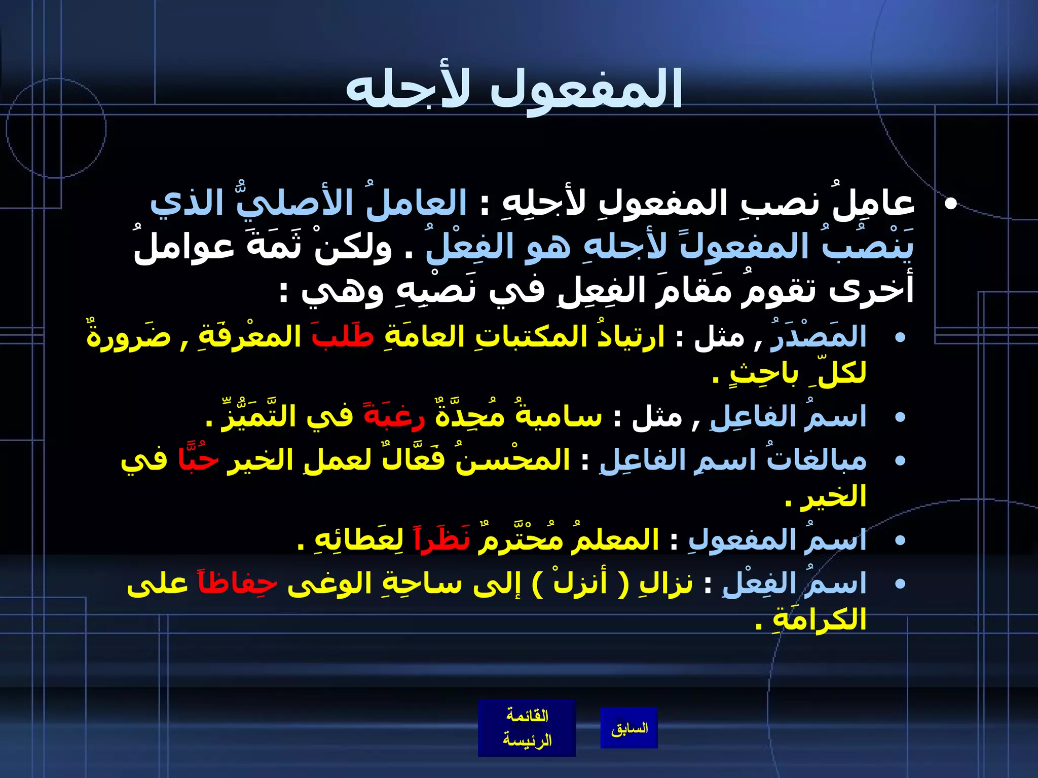 المفعول لأجله عامِلُ نصبِ المفعولِ لأجلِهِ  :  العاملُ الأصليُّ الذي يَنْصُبُ المفعولً لأجلهِ هو الفِعْلُ   .  ولكنْ ثَمَةَ عواملُ أخرى تقومُ مَقامَ الفِعِلِ في نَصْبِهِ وهي  : المَصْدَرُ   ,  مثل  :  ارتيادُ المكتباتِ العامَةِ  طَلبَ  المعْرِفَةِ  ,  ضَرورةٌ لكلّ ِ باحِثٍ  .  اسمُ الفاعِلِ   ,  مثل  :  ساميةُ مُجِدَّةٌ  رغبَةً  في التَّمَيُّزِّ  . مبالغاتُ اسمِ الفاعِلِ   :  المحْسنُ فَعَّالٌ لعملِ الخيرِ  حُبّاً  في الخيرِ  . اسمُ المفعولِ   :  المعلمُ مُحْتّرَمٌ  نَظَراً  لِعَطائِهِ  . اسمُ الفِعْلِ   :  نزالِ  (  أنزِلْ  )  إلى ساحِةِ الوغى  حِفاظاً  على الكرامَةِ  . 