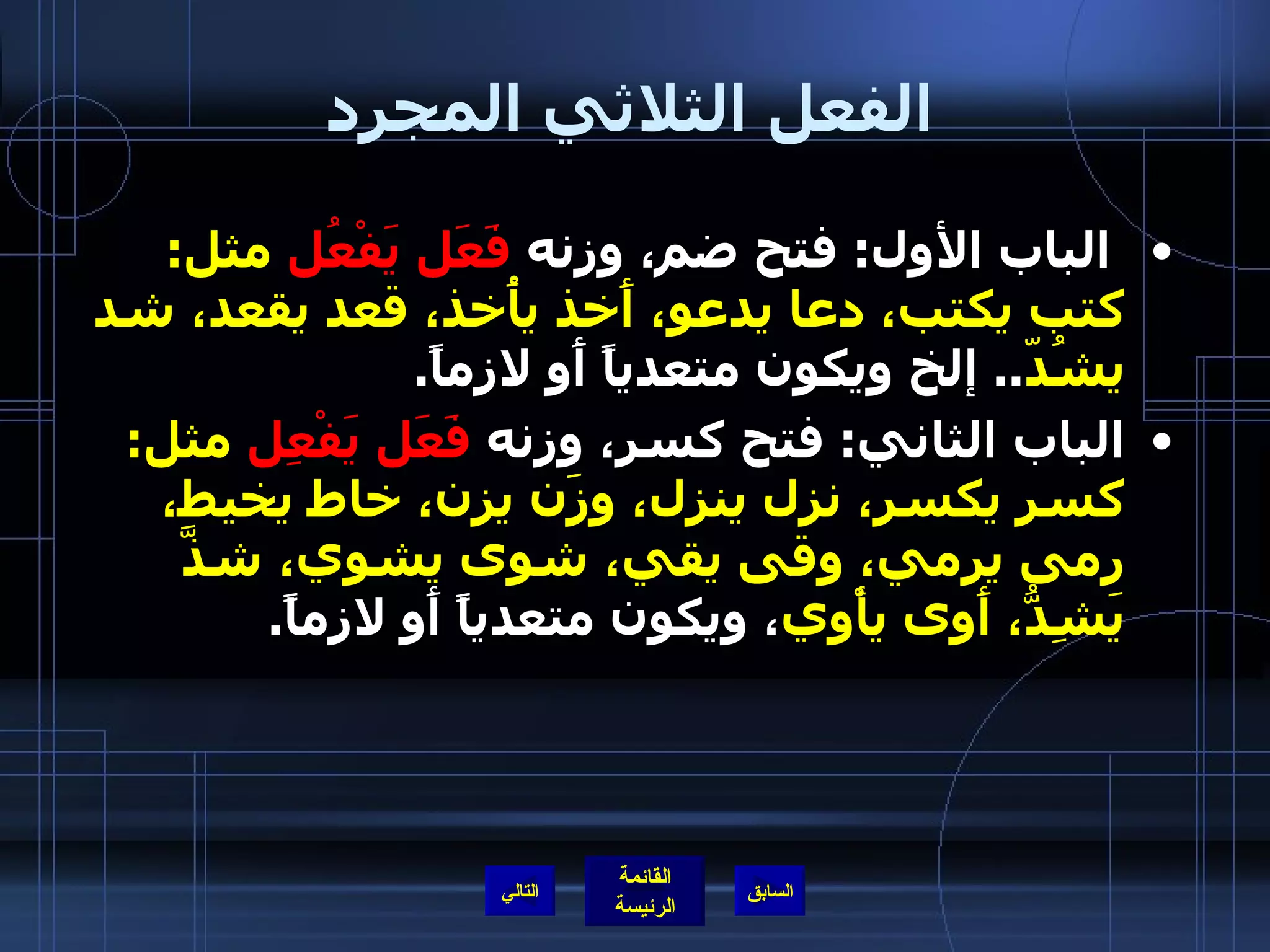 الفعل الثلاثي المجرد الباب الأول :  فتح ضم، وزنه  فَعَل يَفْعُل  مثل :  كتب يكتب، دعا يدعو، أَخذ يأُخذ، قعد يقعد، شد يشُدّ ..  إلخ ويكون متعدياً أَو لازماً . الباب الثاني :  فتح كسر، وزنه  فَعَل يَفْعِل  مثل :  كسر يكسر، نزل ينزل، وزَن يزِن، خاط يخيط، رمى يرمي، وقى يقي، شوى يشوي، شذَّ يَشِذُّ، أَوى يأْوي ، ويكون متعدياً أَو لازماً . التالي 