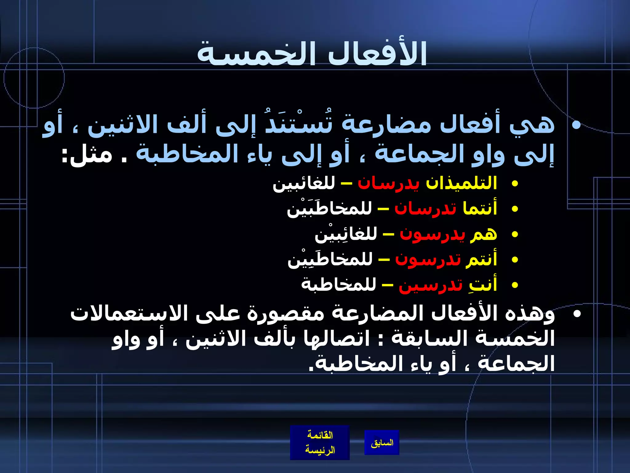 الأفعال الخمسة هي أفعال مضارعة تُسْتنَدُ إلى ألف الاثنين ، أو إلى واو الجماعة ، أو إلى ياء المخاطبة   .  مثل : التلميذان  يدرسان  –  للغائبين                       أنتما  تدرسان  –  للمخاطَبَيْن   هم  يدرسون  –  للغائِبيْن                             أنتم  تدرسون  –  للمخاطَبِيْن                                 أنتِ  تدرسين  –  للمخاطبة   وهذه الأفعال المضارعة مقصورة على الاستعمالات الخمسة السابقة  :  اتصالها بألف الاثنين ، أو واو الجماعة ، أو ياء المخاطبة .   
