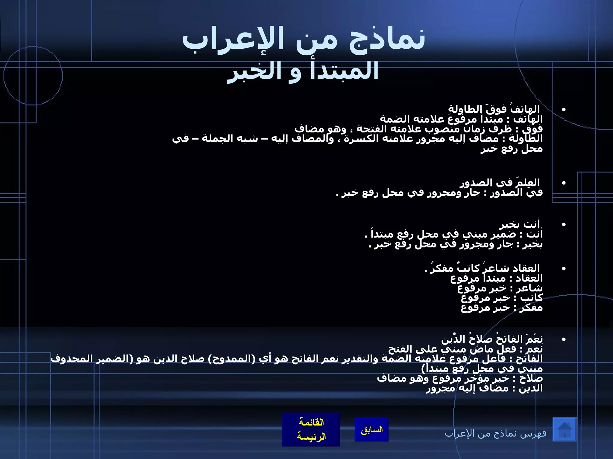 نماذج من الإعراب المبتدأ و الخبر الهاتِفُ فوقَ الطاولةِ الهاتف  :  مبتدأ مرفوع علامته الضمة  فوق  :  ظرف زمان منصوب علامته الفتحة ، وهو مضاف  الطاولة  :  مضاف إليه مجرور علامته الكسرة ، والمضاف إليه – شبه الجملة – في  محل رفع خبر   العِلمُ في الصدورِ  في الصدور  :  جار ومجرور في محل رفع خبر  . أنت بخير أنت  :  ضمير مبني في محل رفع مبتدأ  . بخير  :  جار ومجرور في محل رفع خبر  . العقاد شاعرُ كاتبٌ مفكرٌ  . العقاد  :  مبتدأ مرفوع  شاعر  :  خبر مرفوع  كاتب  :  خبر مرفوع  مفكر  :  خبر مرفوع   نِعْمَ الفاتحُ صلاحُ الدِّينِ  نعم  :  فعل ماض مبني على الفتح  الفاتح  :  فاعل مرفوع علامته الضمة والتقدير نعم الفاتح هو أي  ( الممدوح )  صلاح الدين هو  ( الضمير المحذوف مبني في محل رفع مبتدأ ) صلاح  :  خبر مؤخر مرفوع وهو مضاف الدين  :  مضاف إليه مجرور فهرس نماذج من الإعراب 