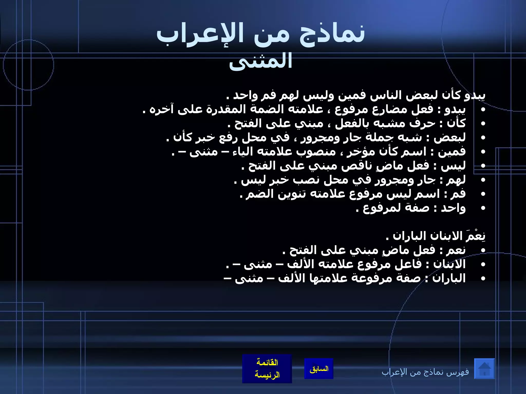 نماذج من الإعراب المثنى يبدو كأن لبعض الناس فمين وليس لهم فم واحد  . يبدو  :  فعل مضارع مرفوع ، علامته الضمة المقدرة على آخره  .  كأن  :  حرف مشبه بالفعل ، مبني على الفتح  .  لبعض  :  شبه جملة جار ومجرور ، في محل رفع خبر كأن  .  فمين  :  اسم كأن مؤخر ، منصوب علامته الياء – مثنى –  .  ليس  :  فعل ماضٍ ناقص مبني على الفتح  .  لهم  :  جار ومجرور في محل نصب خبر ليس  .  فم  :  اسم ليس مرفوع علامته تنوين الضم  .  واحد  :  صفة لمرفوع  .   نِعْمَ الابنان الباران  .  نعم  :  فعل ماضٍ مبني على الفتح  .  الابنان  :  فاعل مرفوع علامته الألف – مثنى –  .  الباران  :  صفة مرفوعة علامتها الألف – مثنى –   فهرس نماذج من الإعراب 