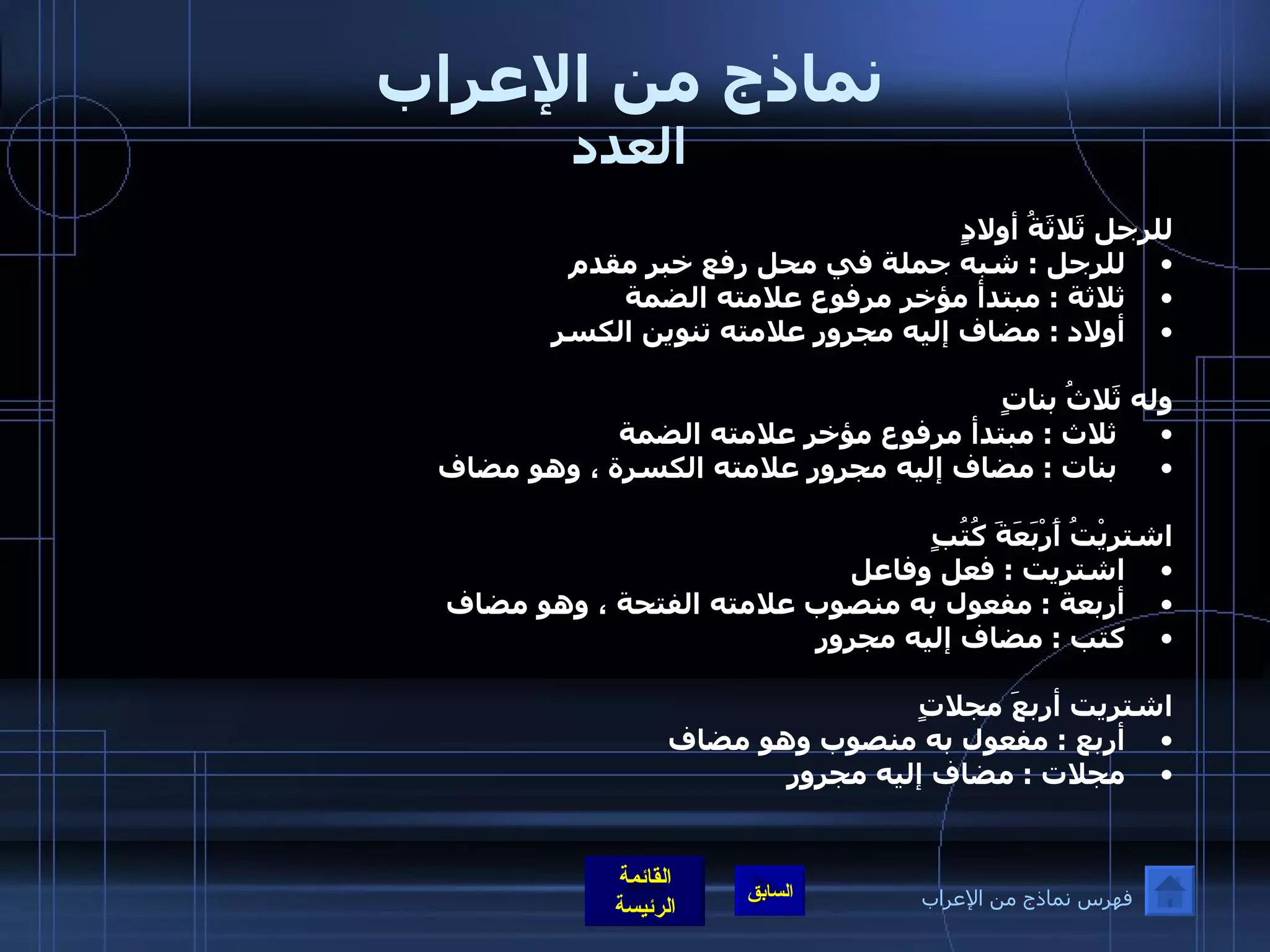 نماذج من الإعراب العدد للرجل ثَلاثَةُ أولادٍ للرجل  :  شبه جملة في محل رفع خبر مقدم  ثلاثة  :  مبتدأ مؤخر مرفوع علامته الضمة  أولاد  :  مضاف إليه مجرور علامته تنوين الكسر   وله ثَلاثُ بناتٍ   ثلاث  :  مبتدأ مرفوع مؤخر علامته الضمة    بنات  :  مضاف إليه مجرور علامته الكسرة ، وهو مضاف  اشتريْتُ أَرْبَعَةَ كُتُبٍ اشتريت  :  فعل وفاعل  أربعة  :  مفعول به منصوب علامته الفتحة ، وهو مضاف  كتب  :  مضاف إليه مجرور اشتريت أربعَ مجلاتٍ   أربع  :  مفعول به منصوب وهو مضاف  مجلات  :  مضاف إليه مجرور  فهرس نماذج من الإعراب 