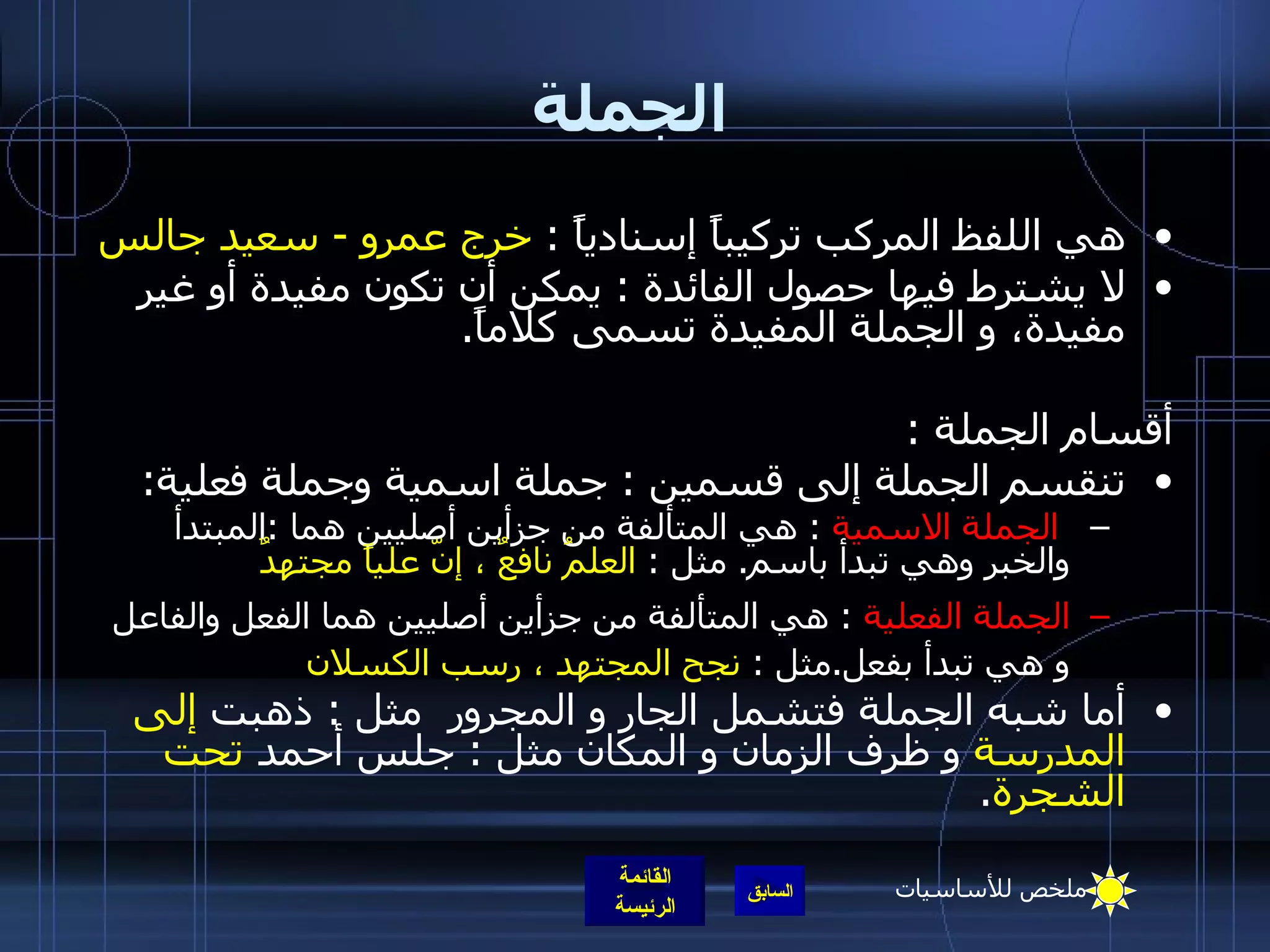 الجملة هي اللفظ المركب تركيباً إسنادياً  :  خرج عمرو  -  سعيد جالس لا يشترط فيها حصول الفائدة   :  يمكن أن تكون مفيدة أو غير مفيدة، و الجملة المفيدة تسمى كلاماً . أقسام الجملة   : تنقسم الجملة إلى قسمين  :  جملة اسمية وجملة فعلية : الجملة الاسمية   :  هي المتألفة من جزأين أصليين هما  : المبتدأ والخبر وهي تبدأ باسم .   مثل  :  العلمُ نافعٌ ، إنّ علياً مجتهدٌ الجملة الفعلية   :  هي المتألفة من جزأين أصليين هما الفعل والفاعل و هي تبدأ بفعل . مثل  :  نجح المجتهد ، رسب الكسلان أما شبه الجملة فتشمل الجار و المجرور  مثل  :  ذهبت  إلى المدرسة  و ظرف الزمان و المكان مثل  :  جلس أحمد  تحت الشجرة . ملخص للأساسيات 