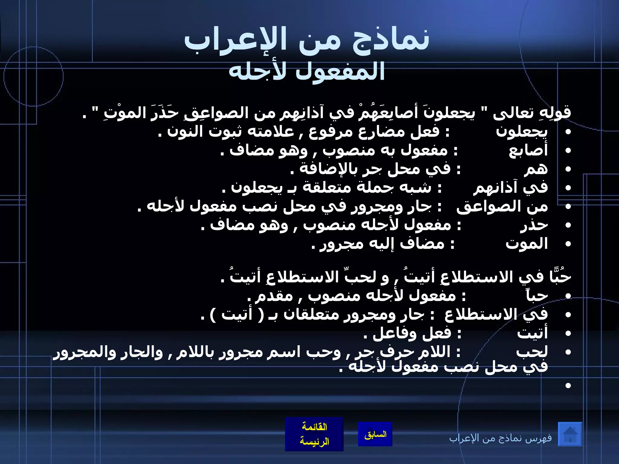 نماذج من الإعراب المفعول لأجله قولِهِ تعالى  "  يجعلونَ أصابِعَهُمْ في آذانِهِم من الصواعِقِ حَذَرَ الموْتِ  " . يجعلون           :  فعل مضارع مرفوع  ,  علامته ثبوت النون  . أصابع             :  مفعول به منصوب  ,  وهو مضاف  . هم                 :  في محل جر بالإضافة  . في آذانهم         :  شبه جملة متعلقة بـ يجعلون  . من الصواعق     :  جار ومجرور في محل نصب مفعول لأجله  .  حذر               :  مفعول لأجله منصوب  ,  وهو مضاف  . الموت              :  مضاف إليه مجرور  .   حُبّاً في الاستطلاعِ أتيتُ  ,  و لحبِّ الاستطلاعِ أتيتُ  . حباً              :  مفعول لأجله منصوب  ,  مقدم  . في الاستطلاع     :  جار ومجرور متعلقان بـ  (  أتيت  ) . أتيت              :  فعل وفاعل  . لحب               :  اللام حرف جر  ,  وحب اسم مجرور باللام  ,  والجار والمجرور في محل نصب مفعول لأجله  .   فهرس نماذج من الإعراب 