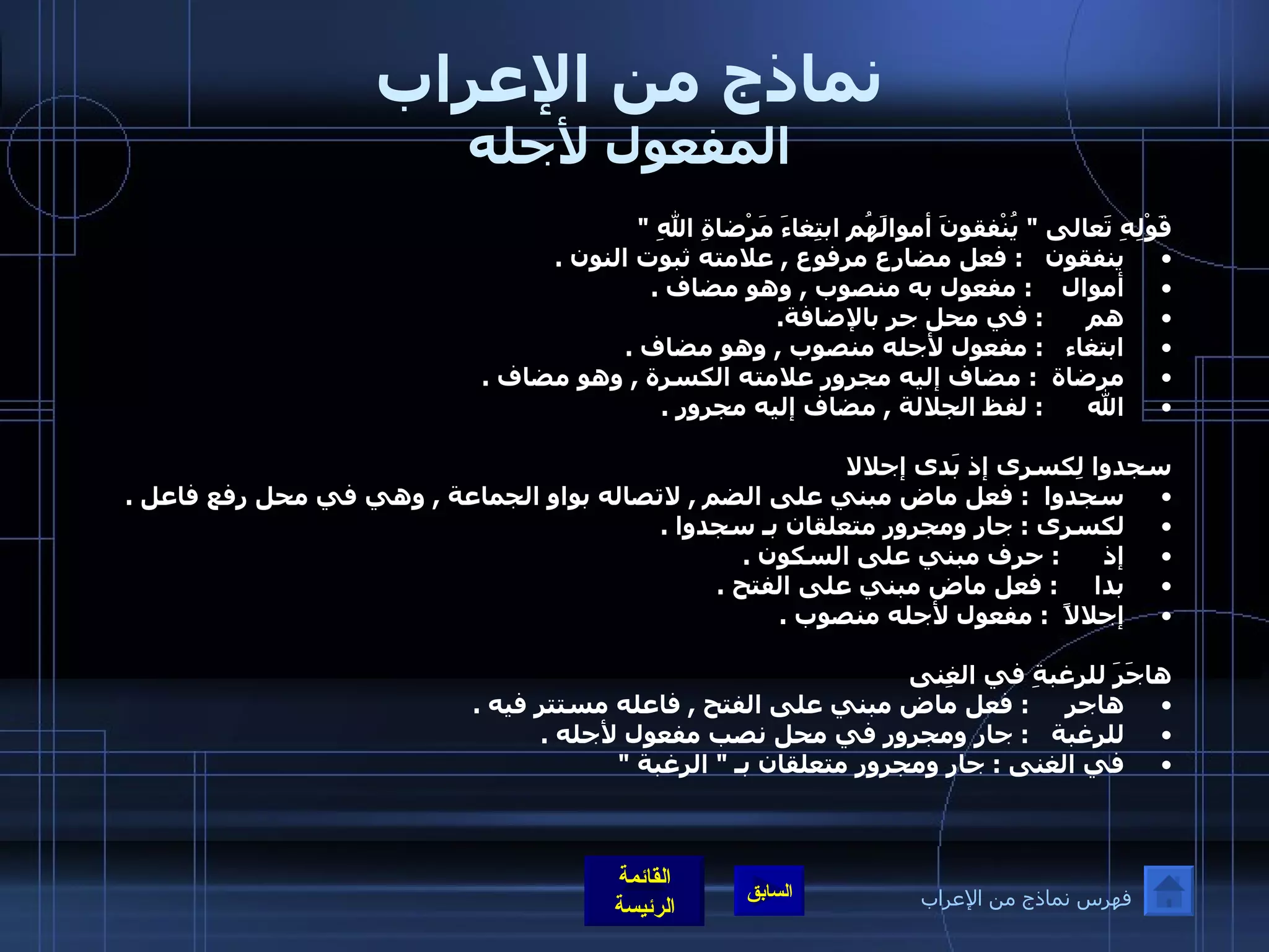 نماذج من الإعراب المفعول لأجله قَوْلِهِ تَعالى  "  يُنْفقونَ أموالَهُم ابتِغاءَ مَرْضاةِ اللهِ  " ينفقون    :  فعل مضارع مرفوع  ,  علامته ثبوت النون  . أموال     :  مفعول به منصوب  ,  وهو مضاف  . هم       :  في محل جر بالإضافة . ابتغاء    :  مفعول لأجله منصوب  ,  وهو مضاف  . مرضاة     :  مضاف إليه مجرور علامته الكسرة  ,  وهو مضاف  . الله        :  لفظ الجلالة  ,  مضاف إليه مجرور  .   سجدوا لِكسرى إذ بَدى إجلالا سجدوا   :  فعل ماض مبني على الضم  ,  لاتصاله بواو الجماعة  ,  وهي في محل رفع فاعل  . لكسرى  :  جار ومجرور متعلقان بـ سجدوا  . إذ       :  حرف مبني على السكون  . بدا      :  فعل ماض مبني على الفتح  . إجلالاً    :  مفعول لأجله منصوب  .   هاجَرَ للرغبةِ في الغِنى هاجر      :  فعل ماض مبني على الفتح  ,  فاعله مستتر فيه  . للرغبة    :  جار ومجرور في محل نصب مفعول لأجله  . في الغنى  :  جار ومجرور متعلقان بـ  "  الرغبة  " فهرس نماذج من الإعراب 