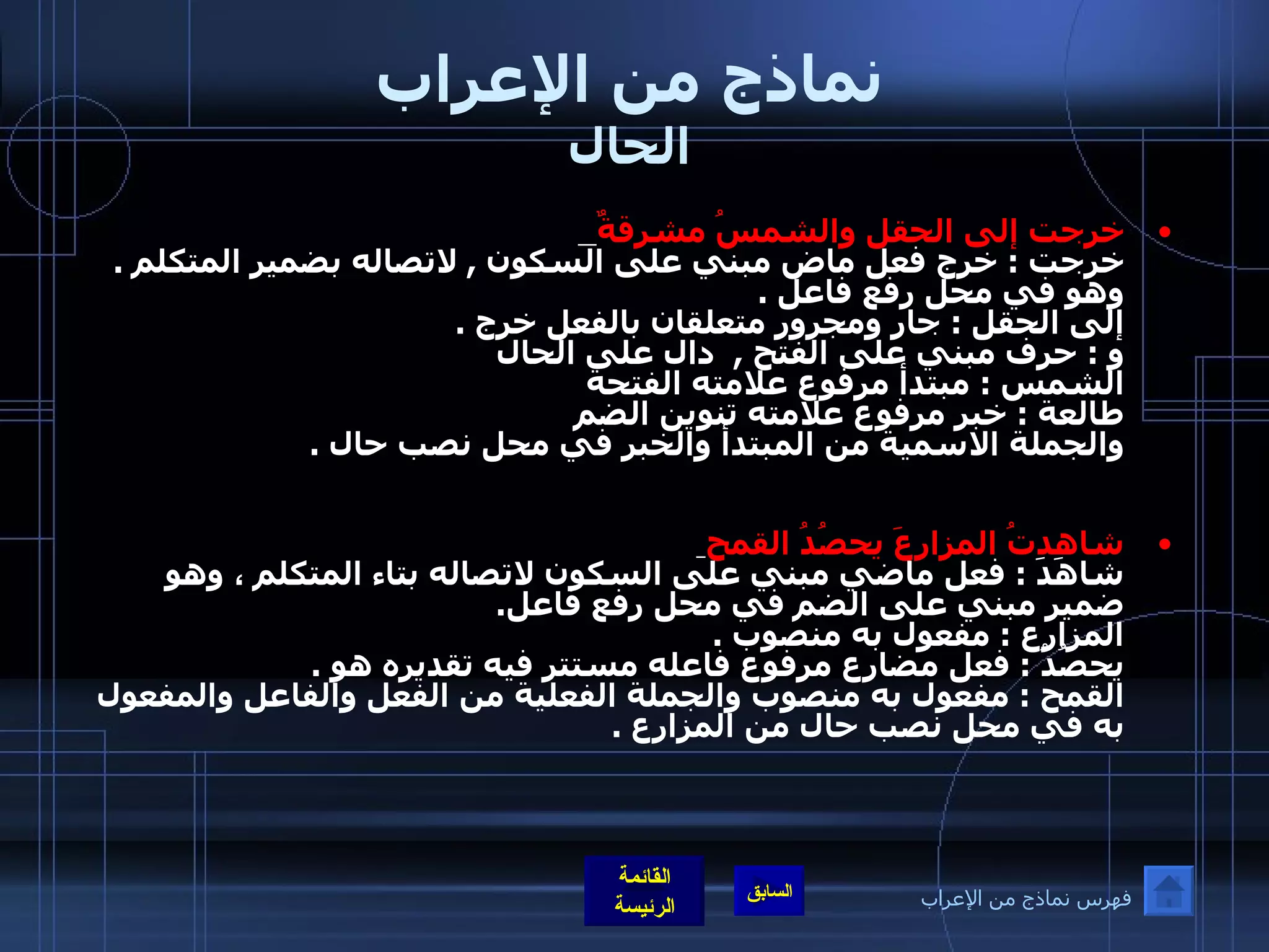 نماذج من الإعراب الحال خرجت إلى الحقل والشمسُ مشرقةٌ   خرجت  :  خرج فعل ماض مبني على السكون  ,  لاتصاله بضمير المتكلم  .  وهو في محل رفع فاعل  . إلى الحقل  :  جار ومجرور متعلقان بالفعل خرج  .  و  :  حرف مبني على الفتح  ,  دال على الحال  الشمس  :  مبتدأ مرفوع علامته الفتحة طالعة  :  خبر مرفوع علامته تنوين الضم  والجملة الاسمية من المبتدأ والخبر في محل نصب حال  . شاهدتُ المزارعَ يحصُدُ القمح   شاهَدَ  :  فعل ماضي مبني على السكون لاتصاله بتاء المتكلم ، وهو ضمير مبني على الضم في محل رفع فاعل . المزارع  :  مفعول به منصوب  . يحصُدُ  :  فعل مضارع مرفوع فاعله مستتر فيه تقديره هو  . القمح  :  مفعول به منصوب والجملة الفعلية من الفعل والفاعل والمفعول به في محل نصب حال من المزارع  . فهرس نماذج من الإعراب 