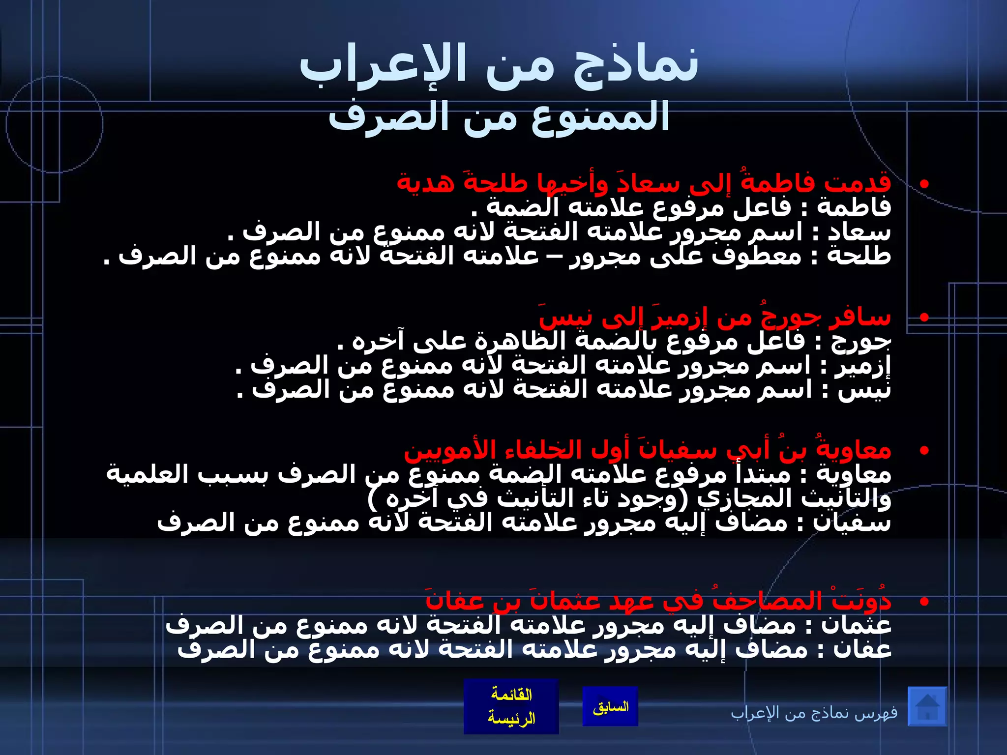 نماذج من الإعراب الممنوع من الصرف قدمت فاطمةُ إلى سعادَ وأخيها طلحةَ هدية   فاطمة  :  فاعل مرفوع علامته الضمة  . سعاد  :  اسم مجرور علامته الفتحة لانه ممنوع من الصرف  . طلحة  :  معطوف على مجرور – علامته الفتحة لانه ممنوع من الصرف  .   سافر جورجُ من إزميرَ إلى نيسَ   جورج  :  فاعل مرفوع بالضمة الظاهرة على آخره  . إزمير  :  اسم مجرور علامته الفتحة لانه ممنوع من الصرف  . نيس  :  اسم مجرور علامته الفتحة لانه ممنوع من الصرف  .  معاويةُ بنُ أبي سفيانَ أول الخلفاء الأمويين   معاوية  :  مبتدأ مرفوع علامته الضمة ممنوع من الصرف بسبب العلمية والتأنيث المجازي  ( وجود تاء التأنيث في آخره  ) سفيان  :  مضاف إليه مجرور علامته الفتحة لانه ممنوع من الصرف  دُوِنَتْ المصاحفُ في عهد عثمانَ بنِ عفانَ   عثمان  :  مضاف إليه مجرور علامته الفتحة لانه ممنوع من الصرف  عفان  :  مضاف إليه مجرور علامته الفتحة لانه ممنوع من الصرف    فهرس نماذج من الإعراب 
