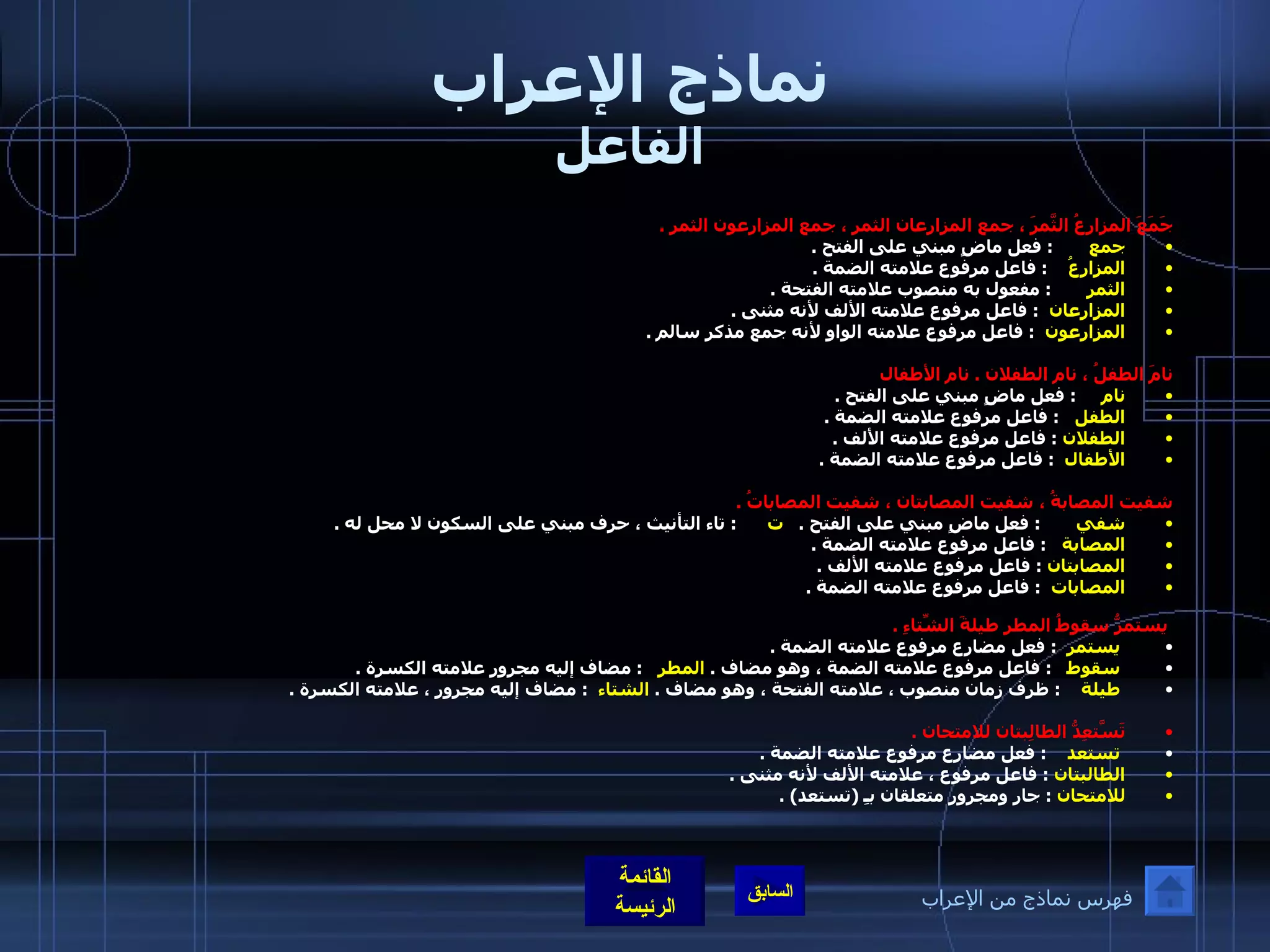 نماذج الإعراب الفاعل جَمَعَ المزارعُ الثّمَرَ ، جمع المزارعان الثمر ، جمع المزارعون الثمر  . جمع         :  فعل ماضٍ مبني على الفتح  . المزارعُ      :  فاعل مرفوع علامته الضمة  . الثمر         :  مفعول به منصوب علامته الفتحة  . المزارعان    :  فاعل مرفوع علامته الألف لأنه مثنى  . المزارعون    :  فاعل مرفوع علامته الواو لأنه جمع مذكر سالم  .   نامَ الطفلُ ، نام الطفلان  .  نام الأطفال نام       :  فعل ماضٍ مبني على الفتح  . الطفل     :  فاعل مرفوع علامته الضمة  . الطفلان   :  فاعل مرفوع علامته الألف  . الأطفال    :  فاعل مرفوع علامته الضمة  . شفيت المصابةُ ، شفيت المصابتان ، شفيت المصاباتُ  . شفي         :  فعل ماضٍ مبني على الفتح  .  ت        :  تاء التأنيث ، حرف مبني على السكون لا محل له  . المصابة     :  فاعل مرفوع علامته الضمة  . المصابتان   :  فاعل مرفوع علامته الألف  . المصابات    :  فاعل مرفوع علامته الضمة  .   يستمرُّ سقوطُ المطرِ طيلةَ الشِّتاءِ  .   يستمر    :  فعل مضارع مرفوع علامته الضمة  . سقوط     :  فاعل مرفوع علامته الضمة ، وهو مضاف  .  المطر     :  مضاف إليه مجرور علامته الكسرة  . طيلة      :  ظرف زمان منصوب ، علامته الفتحة ، وهو مضاف  .  الشتاء    :  مضاف إليه مجرور ، علامته الكسرة  .    تَسّتَعِدُّ الطالِبتان للامتحان  .    تستعد      :  فعل مضارع مرفوع علامته الضمة  .  الطالبتان   :  فاعل مرفوع ، علامته الألف لأنه مثنى  .  للامتحان   :  جار ومجرور متعلقان بـِ  ( تستعد ) .   فهرس نماذج من الإعراب 