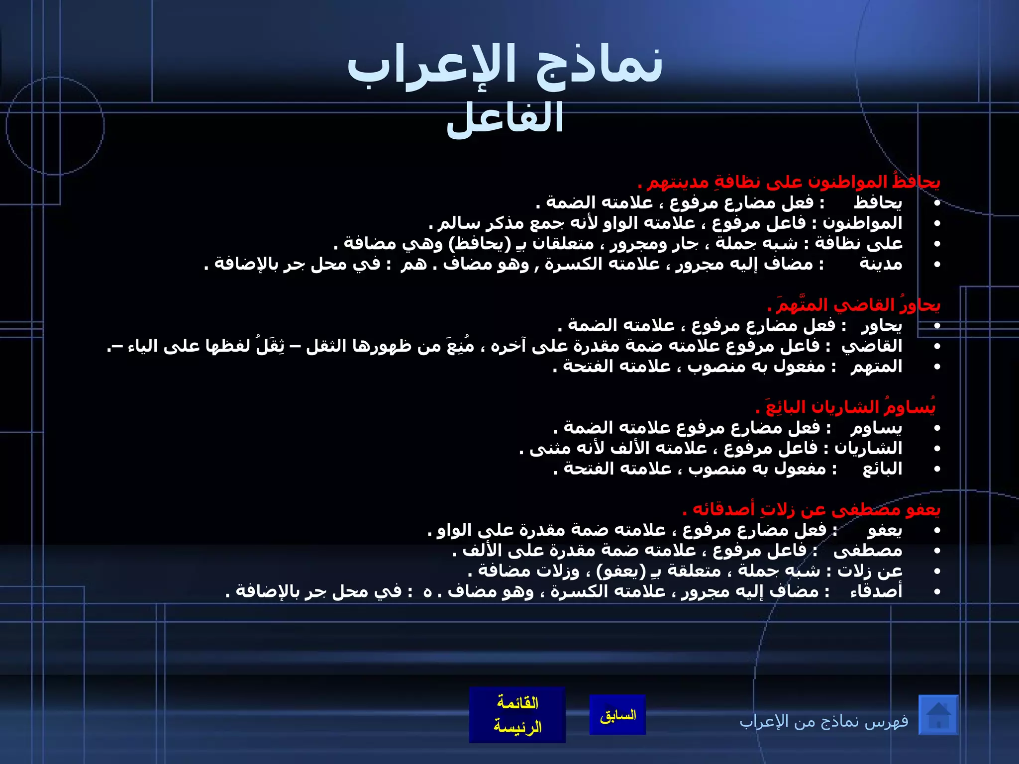 نماذج الإعراب الفاعل يحافظُ المواطنون على نظافةِ مدينتهم  .  يحافظ       :  فعل مضارع مرفوع ، علامته الضمة  .  المواطنون  :  فاعل مرفوع ، علامته الواو لأنه جمع مذكر سالم  .  على نظافة  :  شبه جملة ، جار ومجرور ، متعلقان بـِ  ( يحافظ )  وهي مضافة  .  مدينة        :  مضاف إليه مجرور ، علامته الكسرة  ,  وهو مضاف  .  هم   :  في محل جر بالإضافة  .    يحاوِرُ القاضي المتَّهمَ  .  يحاور    :  فعل مضارع مرفوع ، علامته الضمة  .  القاضي   :  فاعل مرفوع علامته ضمة مقدرة على آخره ، مُنِعَ من ظهورها الثقل – ثِقَلُ لفظها على الياء – .  المتهم    :  مفعول به منصوب ، علامته الفتحة  . يُساوِمُ الشاريان البائِعَ  . يساوم     :  فعل مضارع مرفوع علامته الضمة  .  الشاريان  :  فاعل مرفوع ، علامته الألف لأنه مثنى  .  البائع      :  مفعول به منصوب ، علامته الفتحة  .    يعفو مصطفى عن زلاتِ أصدقائه  .  يعفو       :  فعل مضارع مرفوع ، علامته ضمة مقدرة على الواو  .  مصطفى    :  فاعل مرفوع ، علامته ضمة مقدرة على الألف  .  عن زلات  :  شبه جملة ، متعلقة بـِ  ( يعفو )  ، وزلات مضافة  .  أصدقاء     :  مضاف إليه مجرور ، علامته الكسرة ، وهو مضاف  .  ه   :  في محل جر بالإضافة  .   فهرس نماذج من الإعراب 