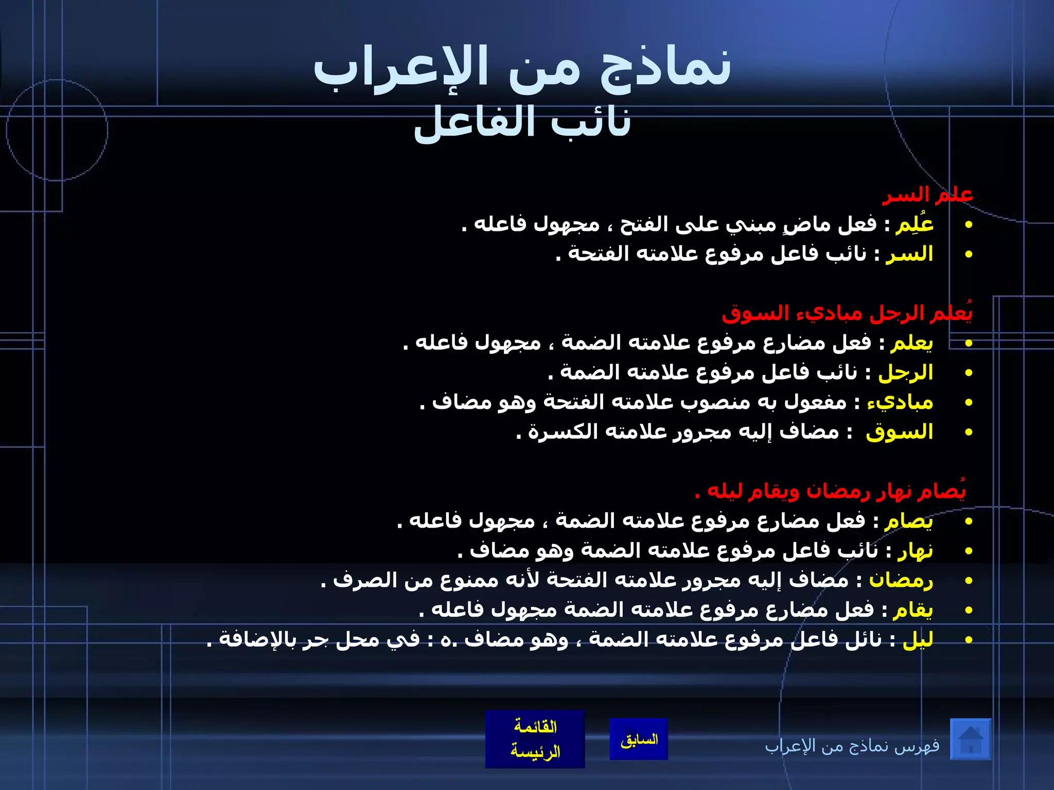 نماذج من الإعراب نائب الفاعل علم السر   عُلِم   :  فعل ماضٍ مبني على الفتح ، مجهول فاعله  . السر   :  نائب فاعل مرفوع علامته الفتحة  .   يُعلم الرجل مباديء السوق  يعلم   :  فعل مضارع مرفوع علامته الضمة ، مجهول فاعله  . الرجل   :  نائب فاعل مرفوع علامته الضمة  . مباديء   :  مفعول به منصوب علامته الفتحة وهو مضاف  . السوق    :  مضاف إليه مجرور علامته الكسرة  .     يُصام نهار رمضان ويقام ليله  . يصام   :  فعل مضارع مرفوع علامته الضمة ، مجهول فاعله  . نهار   :  نائب فاعل مرفوع علامته الضمة وهو مضاف  . رمضان   :  مضاف إليه مجرور علامته الفتحة لأنه ممنوع من الصرف  . يقام   :  فعل مضارع مرفوع علامته الضمة مجهول فاعله  . ليل   :  نائل فاعل مرفوع علامته الضمة ، وهو مضاف  . ه  :  في محل جر بالإضافة  . فهرس نماذج من الإعراب 