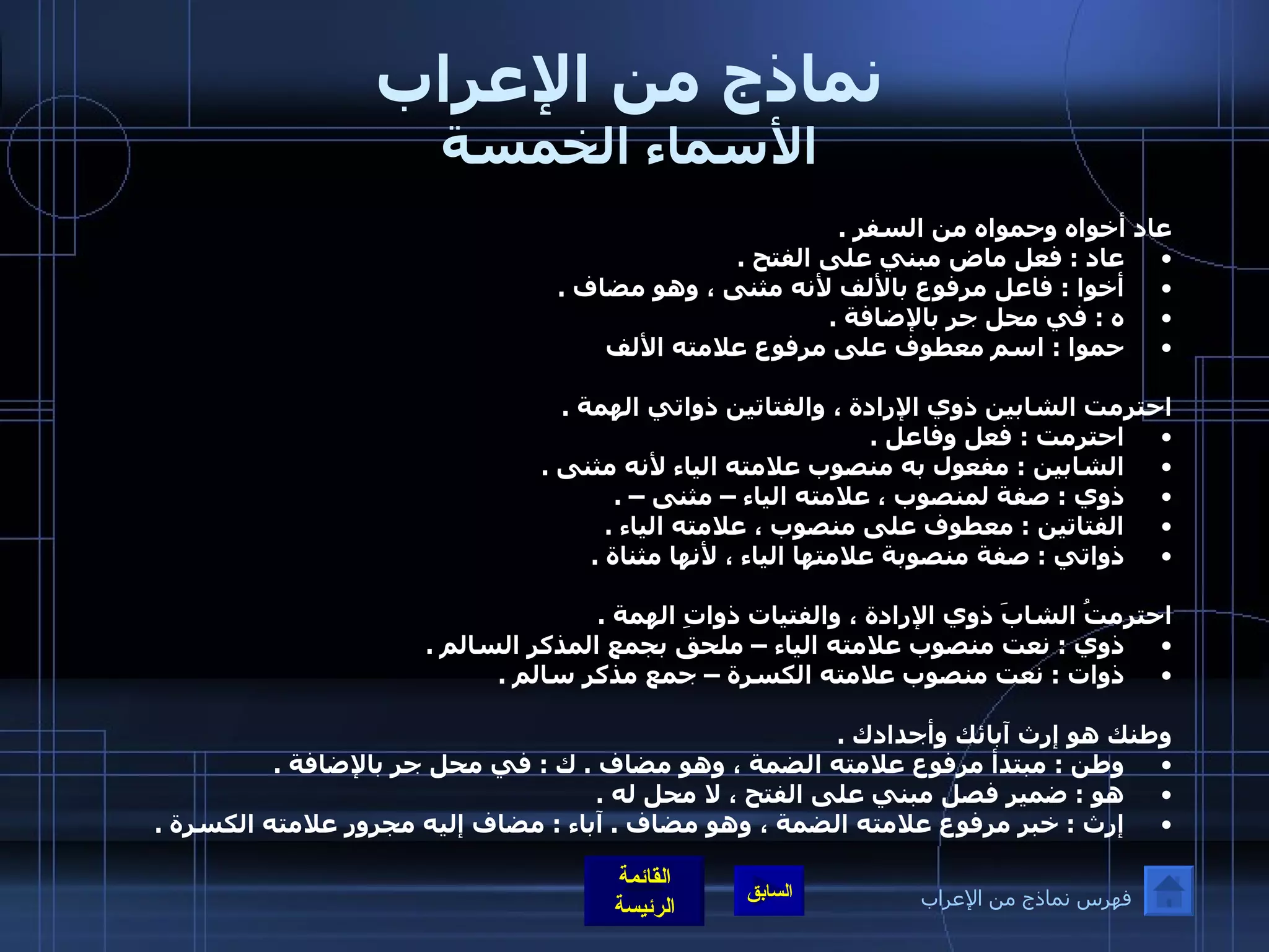 نماذج من الإعراب الأسماء الخمسة عاد أخواه وحمواه من السفر  .  عاد  :  فعل ماض مبني على الفتح  .  أخوا  :  فاعل مرفوع بالألف لأنه مثنى ، وهو مضاف  .  ه  :  في محل جر بالإضافة  .  حموا  :  اسم معطوف على مرفوع علامته الألف   احترمت الشابين ذوي الإرادة ، والفتاتين ذواتي الهمة  .  احترمت  :  فعل وفاعل  .  الشابين  :  مفعول به منصوب علامته الياء لأنه مثنى  .  ذوي  :  صفة لمنصوب ، علامته الياء – مثنى –  .  الفتاتين  :  معطوف على منصوب ، علامته الياء  .  ذواتي  :  صفة منصوبة علامتها الياء ، لأنها مثناة  .   احترمتُ الشابَ ذوي الإرادة ، والفتيات ذواتِ الهمة  .  ذوي  :  نعت منصوب علامته الياء – ملحق بجمع المذكر السالم  .  ذوات  :  نعت منصوب علامته الكسرة – جمع مذكر سالم  .    وطنك هو إرث آبائك وأجدادك  .  وطن  :  مبتدأ مرفوع علامته الضمة ، وهو مضاف  .  ك  :  في محل جر بالإضافة  .  هو  :  ضمير فصل مبني على الفتح ، لا محل له  .  إرث  :  خبر مرفوع علامته الضمة ، وهو مضاف  .  آباء  :  مضاف إليه مجرور علامته الكسرة  .   فهرس نماذج من الإعراب 